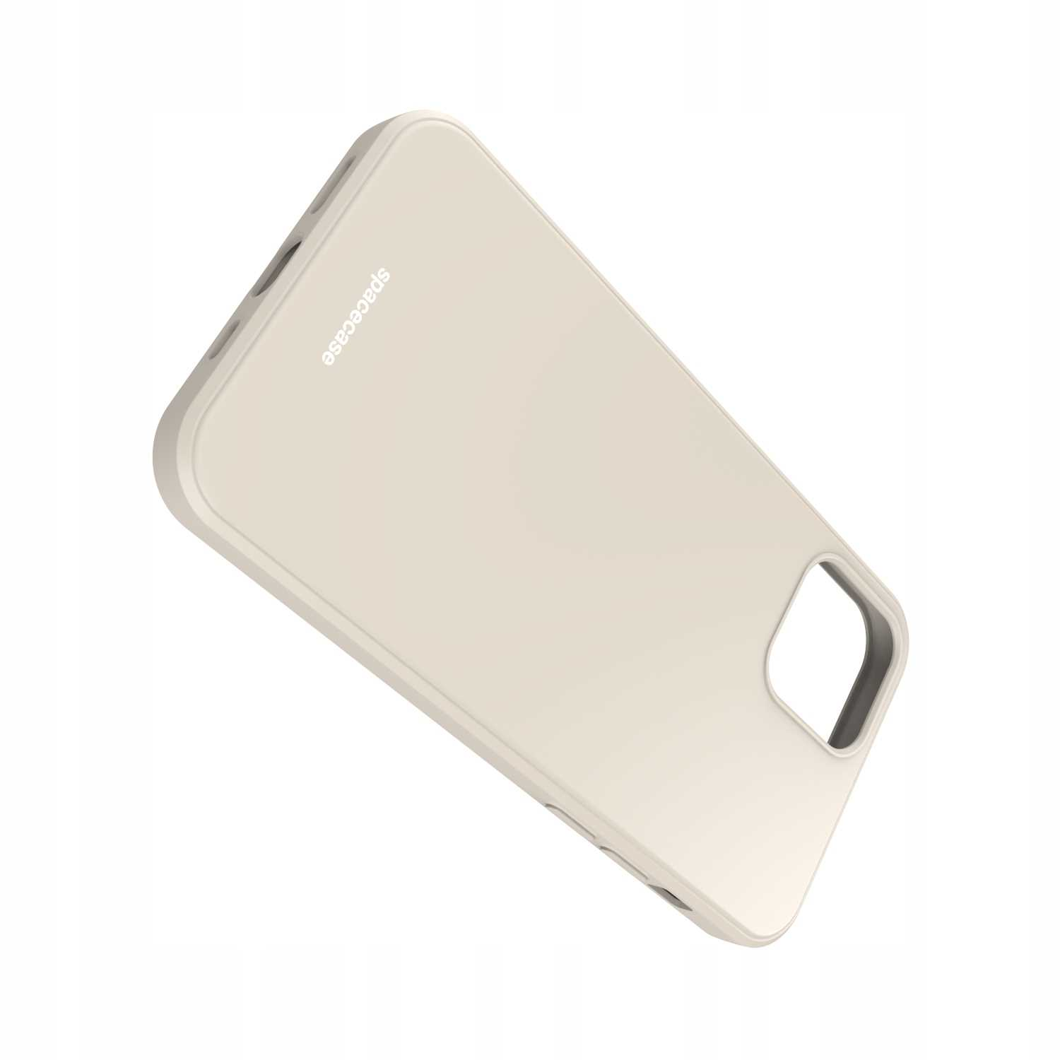 Ukośny widok beżowego etui na telefon z brandingiem 'spacecase' na białym tle.