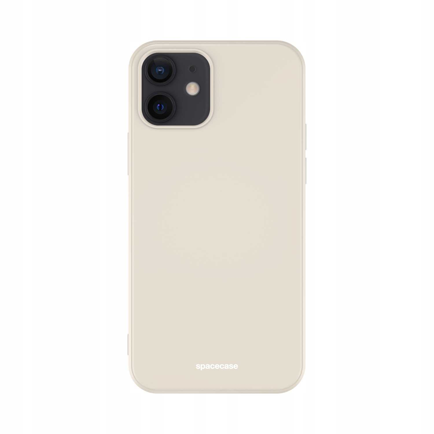 Beżowe etui na telefon marki 'spacecase' na białym tle, widoczny aparat.