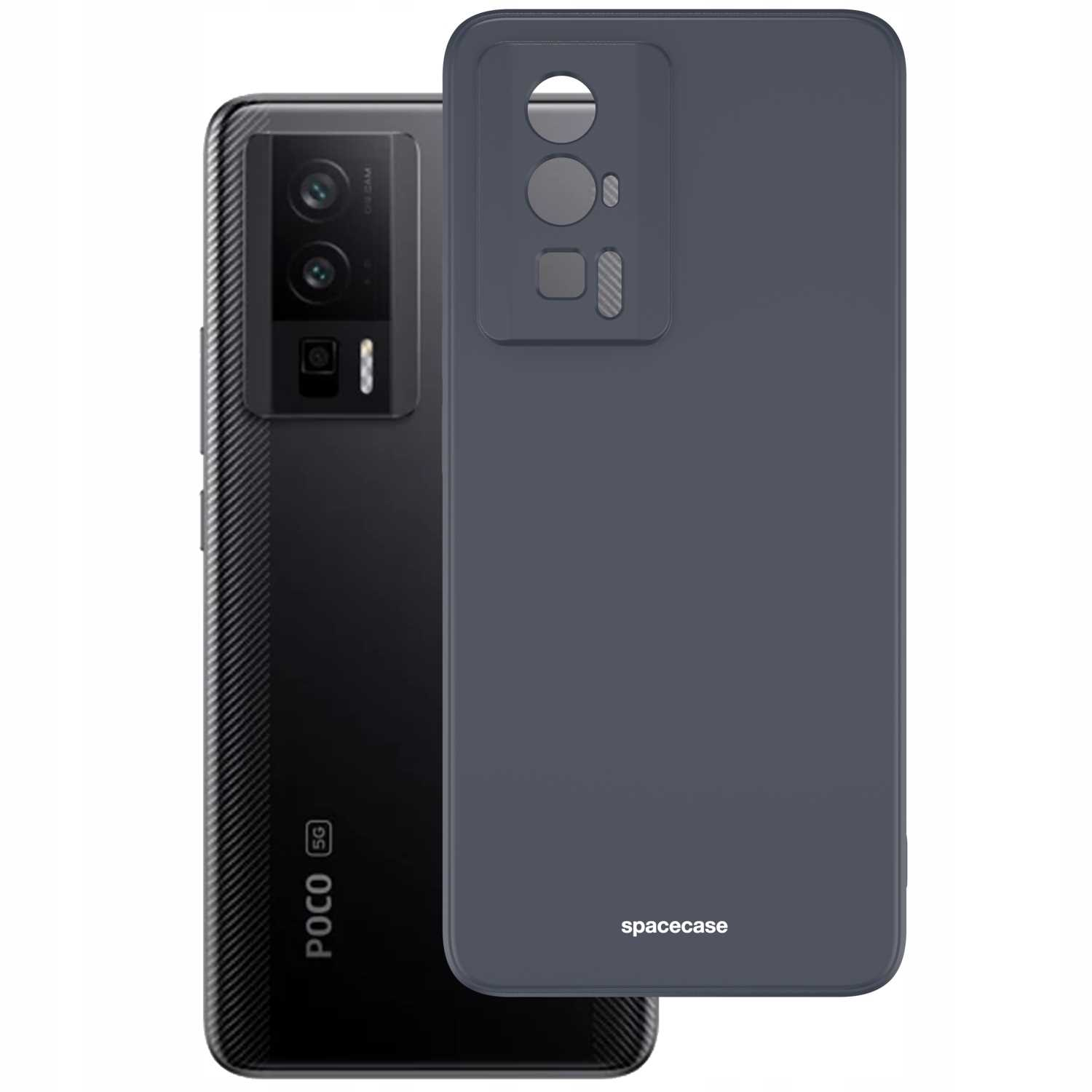 Czarny smartfon i czarne etui na telefon są wyświetlane na białym tle.