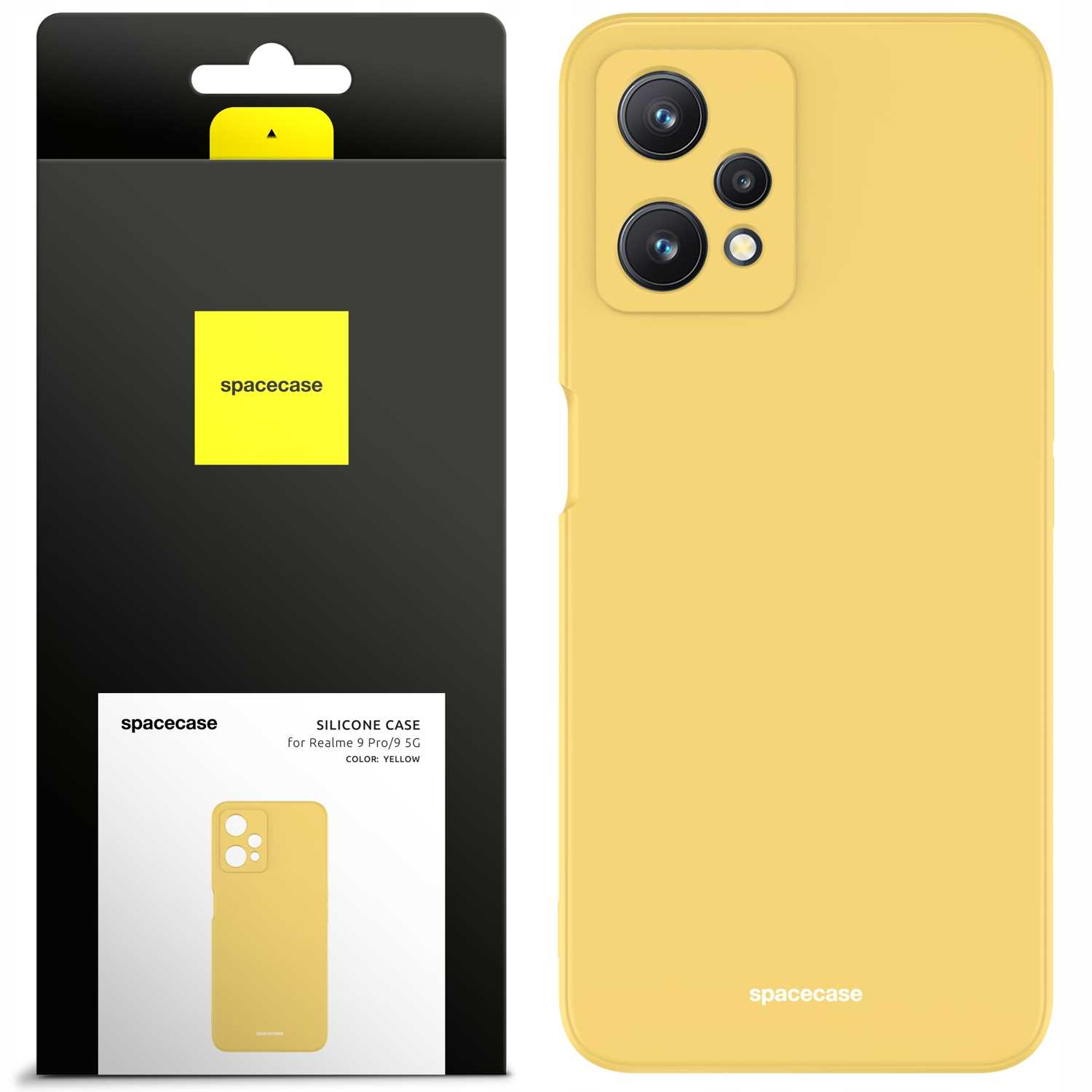Żółte etui na telefon i opakowanie z logo 'spacecase', okrągły aparat.