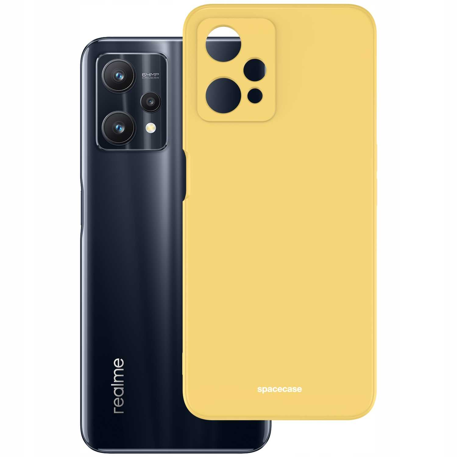Żółte etui na telefon obok czarnego telefonu z brandingiem 'realme'.