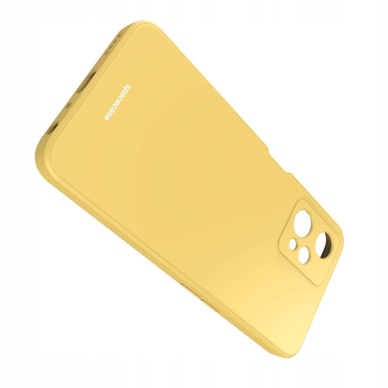 Żółte etui na telefon z wycięciami na aparat i brandingiem 'spacecase', ustawione pod kątem na białym tle.