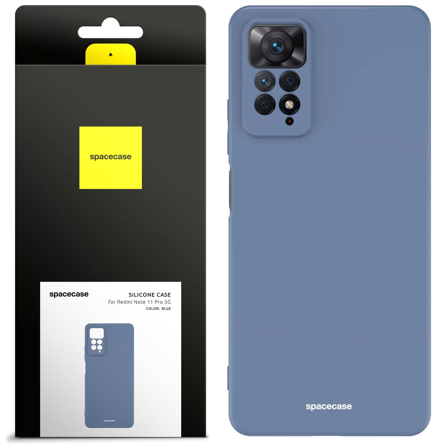 Niebieskie etui na telefon jest pokazane obok opakowania, oba w tym samym kolorze i z tym samym brandingiem.