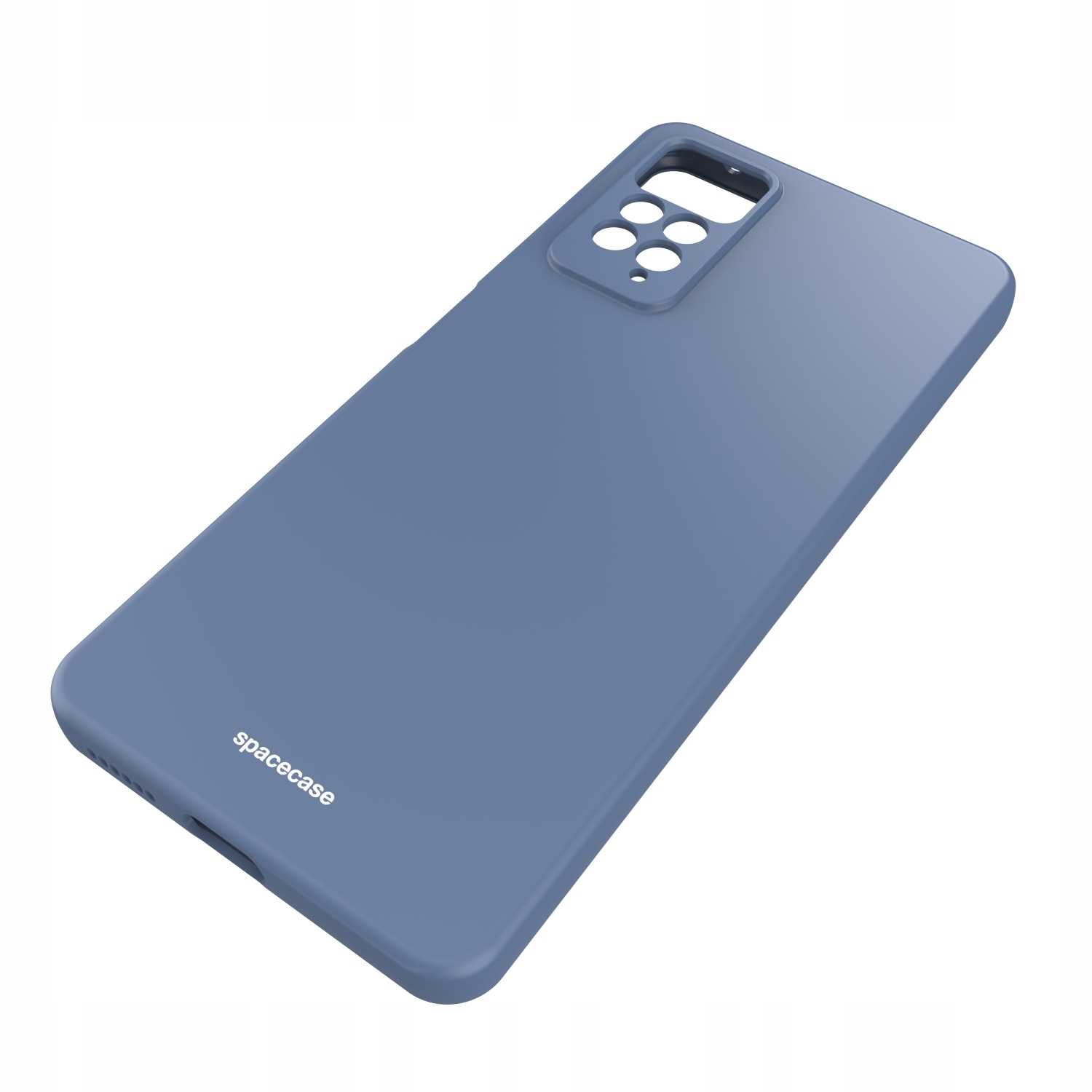 Niebieskie etui na telefon jest ustawione pod kątem, prezentując jego teksturę, design i logo marki na białym tle.