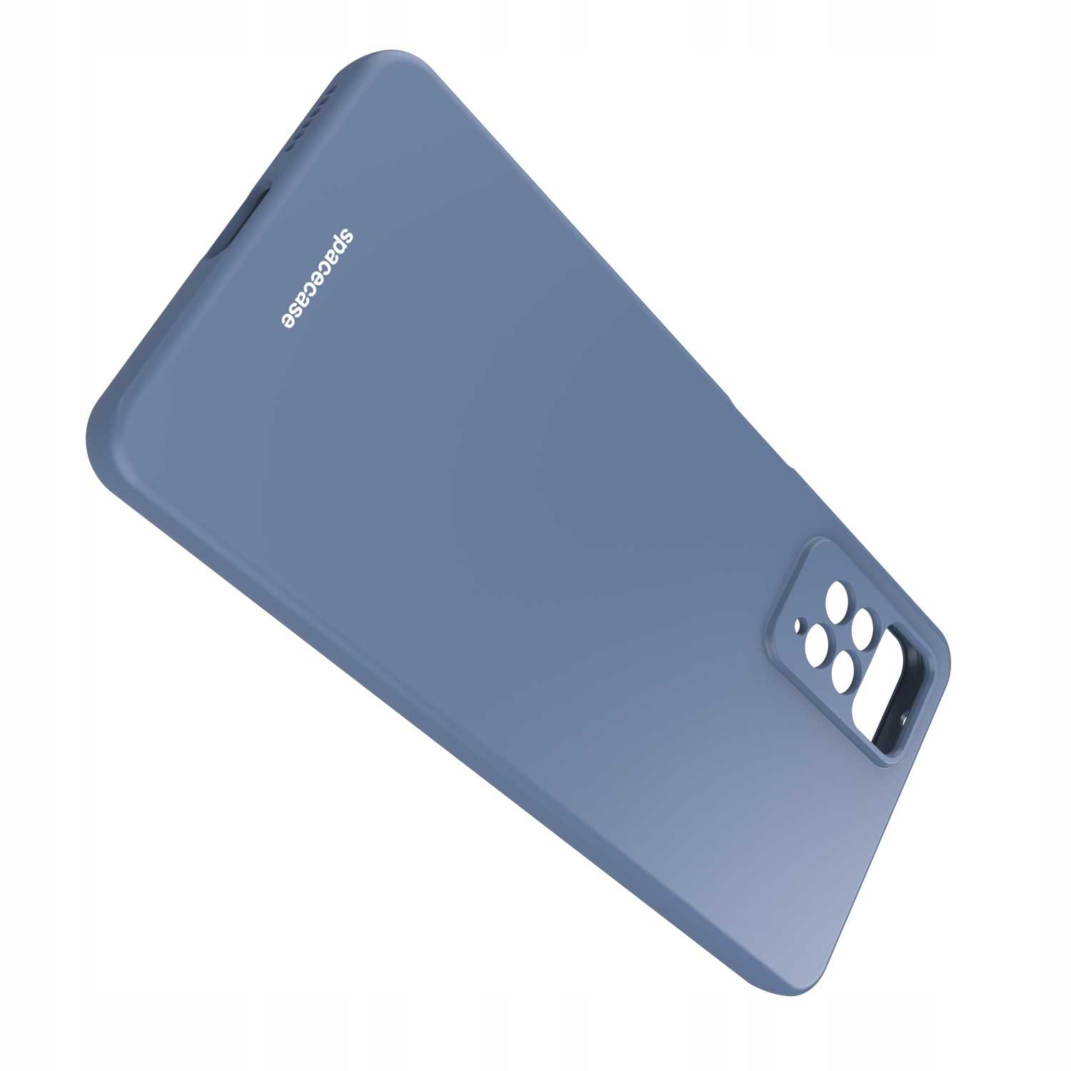 Niebieskie etui na telefon jest ustawione pod kątem, podkreślając jego gładką powierzchnię, wycięcie na aparat i logo marki na białym tle.