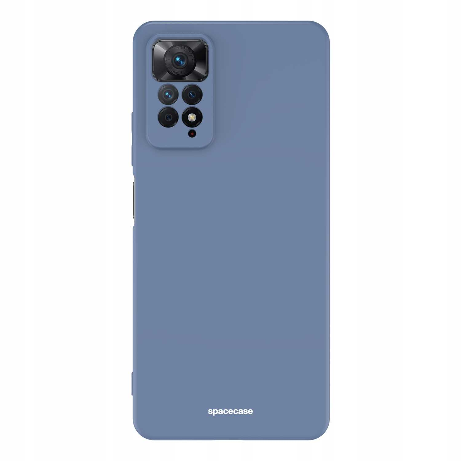 Niebieskie etui na telefon jest prezentowane pionowo na białym tle, prezentując funkcje aparatu i logo marki.