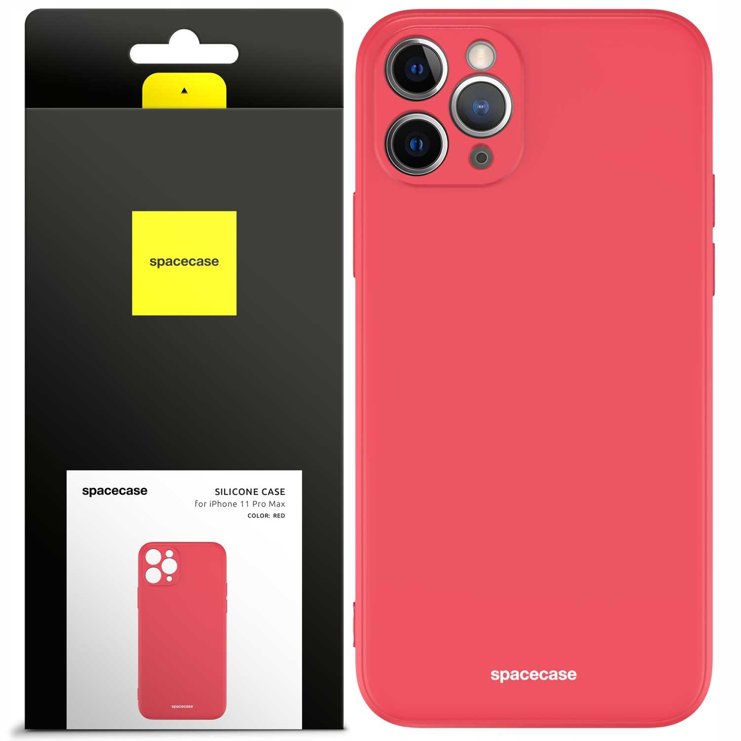 Zdjęcie przedstawia czerwone etui na telefon obok opakowania, oba z marką 'spacecase'.