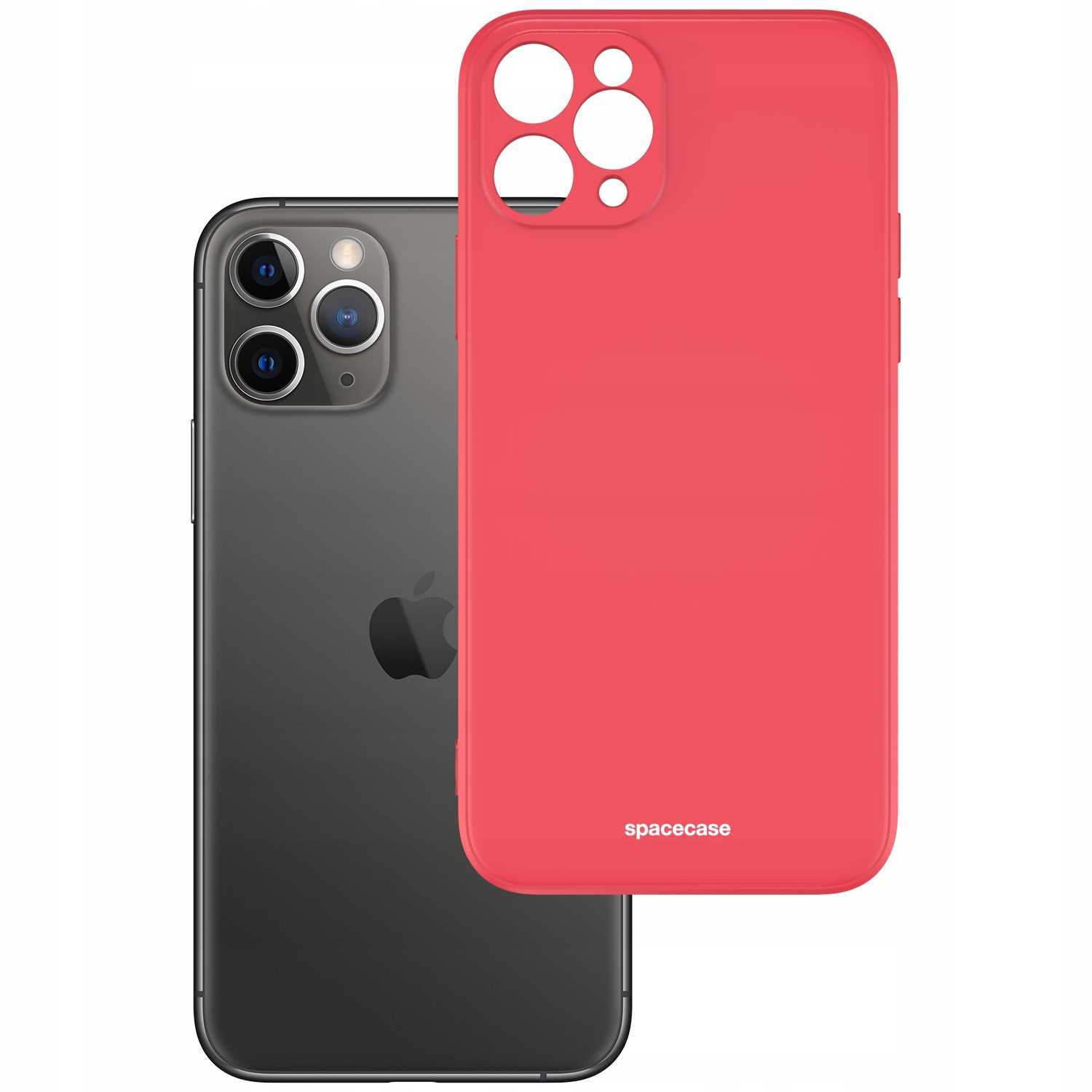 Czerwona obudowa telefonu 'spacecase' znajduje się obok szarego telefonu z logo Apple.