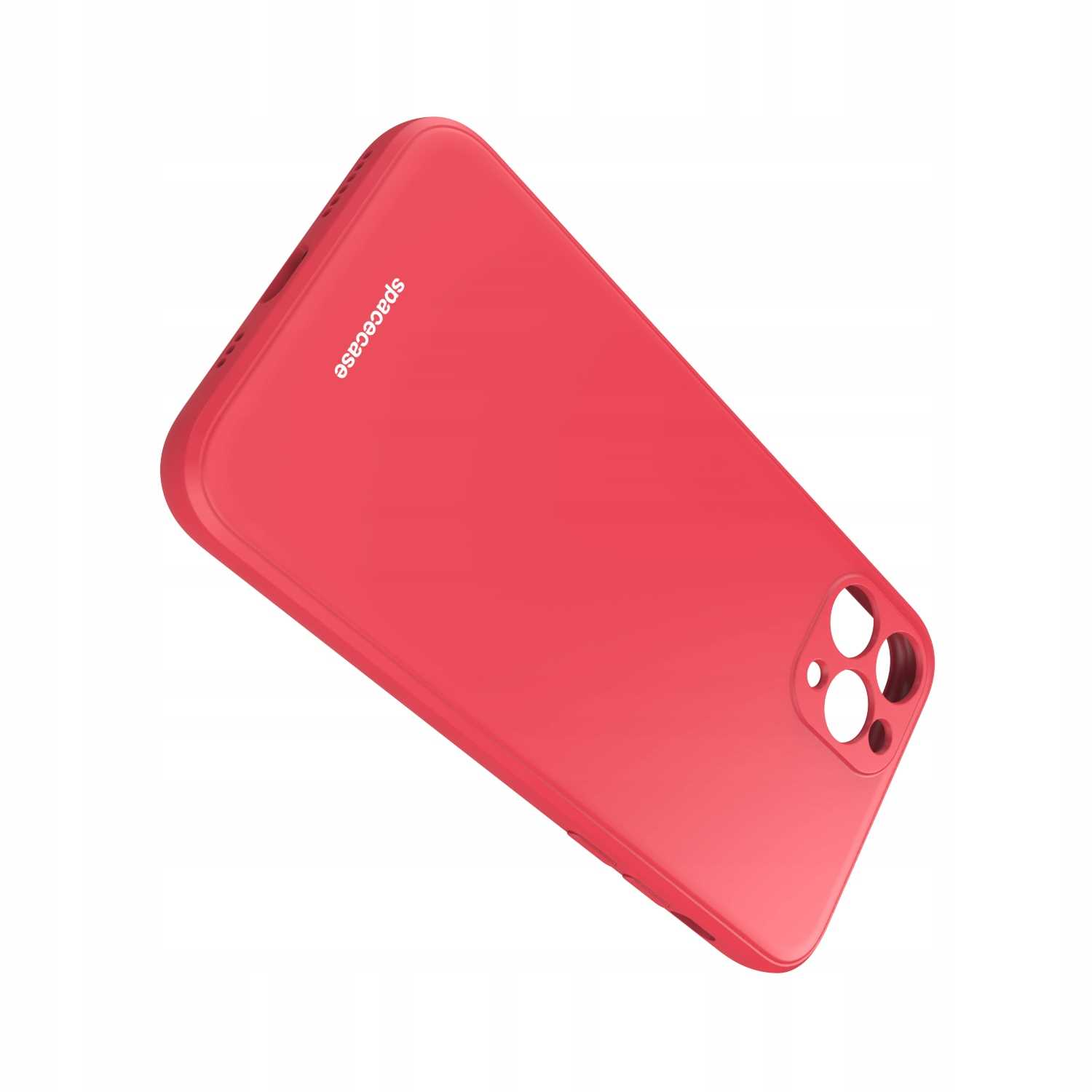 Ukośny widok czerwonego etui na telefon na białym tle z nazwą marki spacecase.