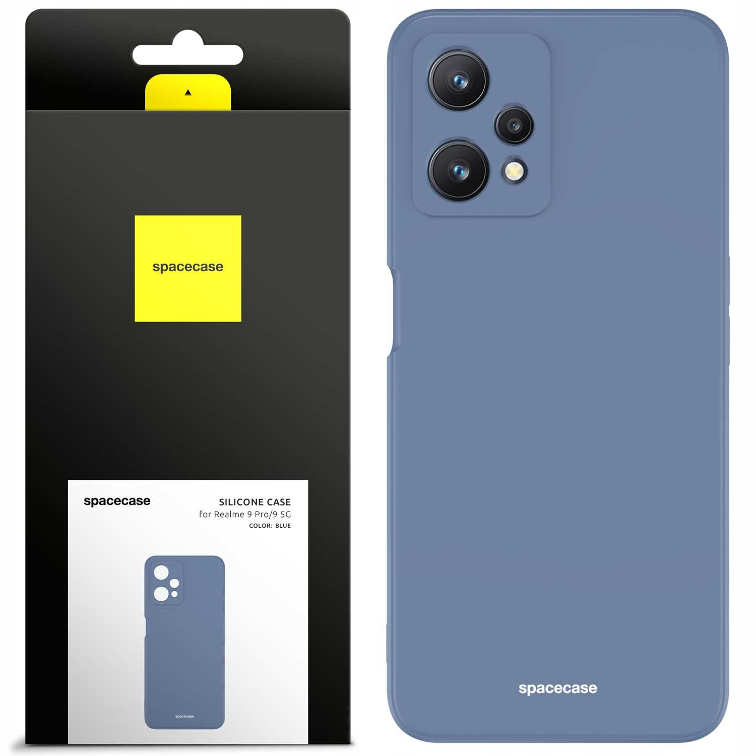 Niebieskie silikonowe etui na telefon i opakowanie z logo Spacecase na białym tle.