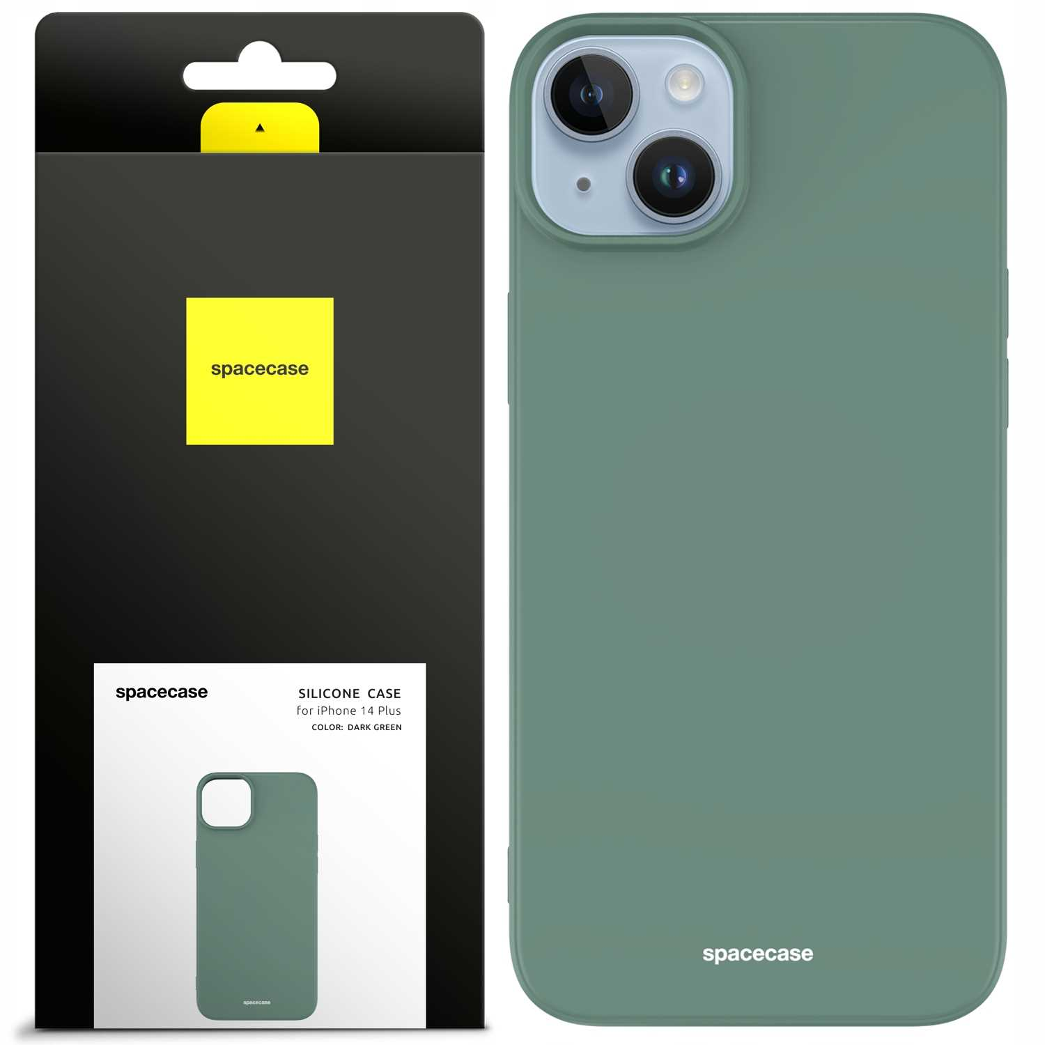 Ciemnozielone silikonowe etui na telefon i opakowanie z logo Spacecase na białym tle.