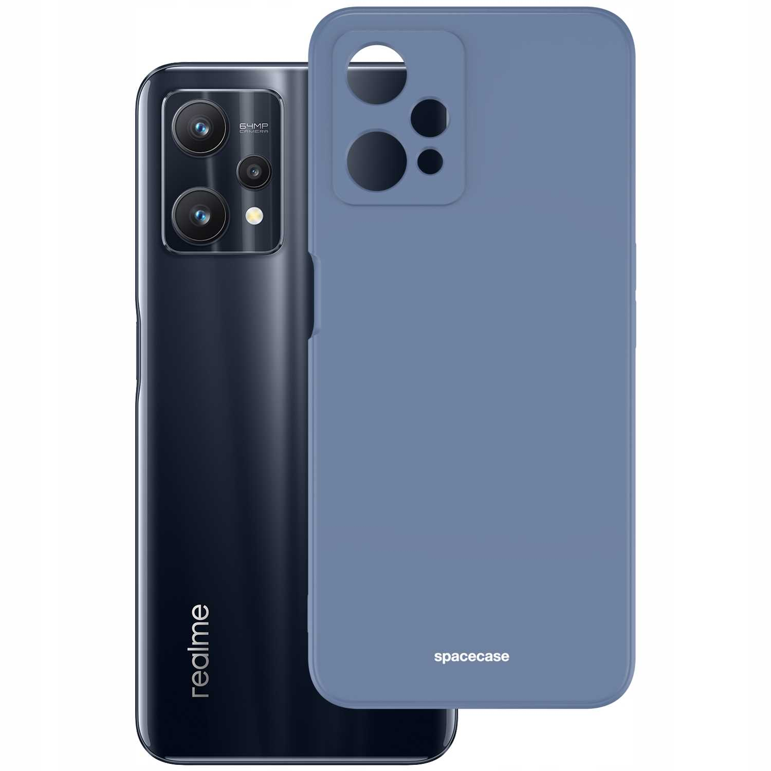 Niebieskie silikonowe etui na telefon i czarny smartfon z logo Spacecase na białym tle.
