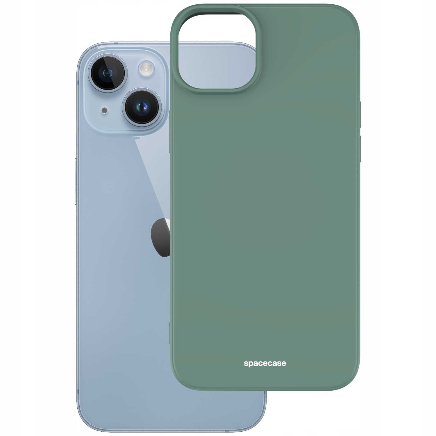 Zielone etui na telefon obok niebieskiego smartfona z logo Spacecase na białym tle.