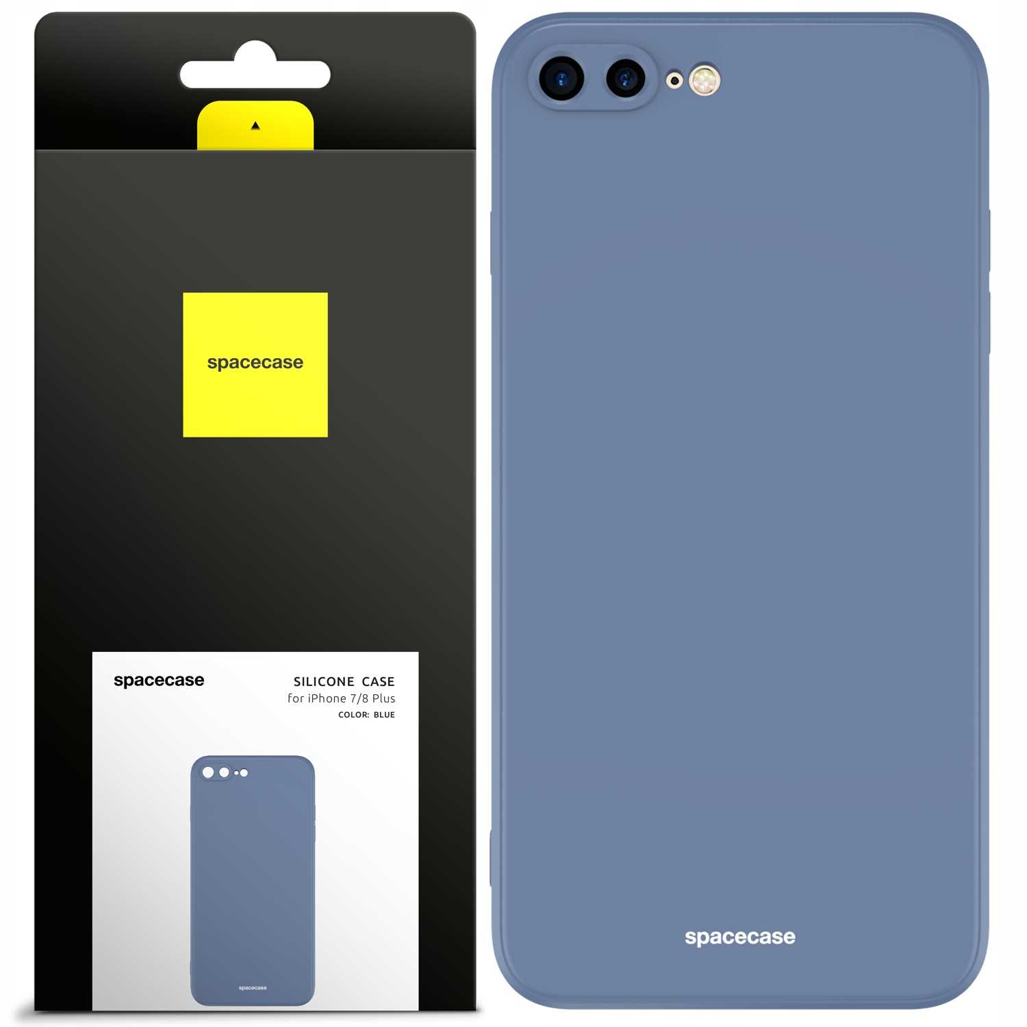 Niebieskie etui na telefon obok opakowania, prezentujące markę „spacecase” i szczegóły obiektywu aparatu.