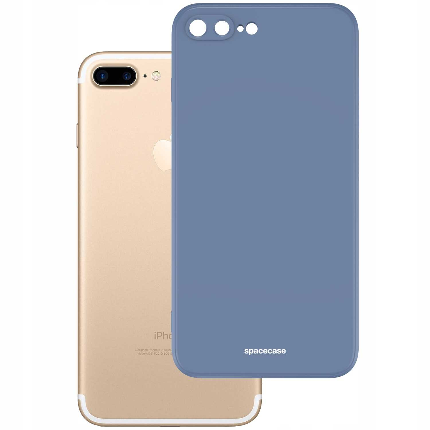 Niebieskie etui na telefon znajduje się obok złotego iPhone'a, podkreślając markę i szczegóły aparatu.