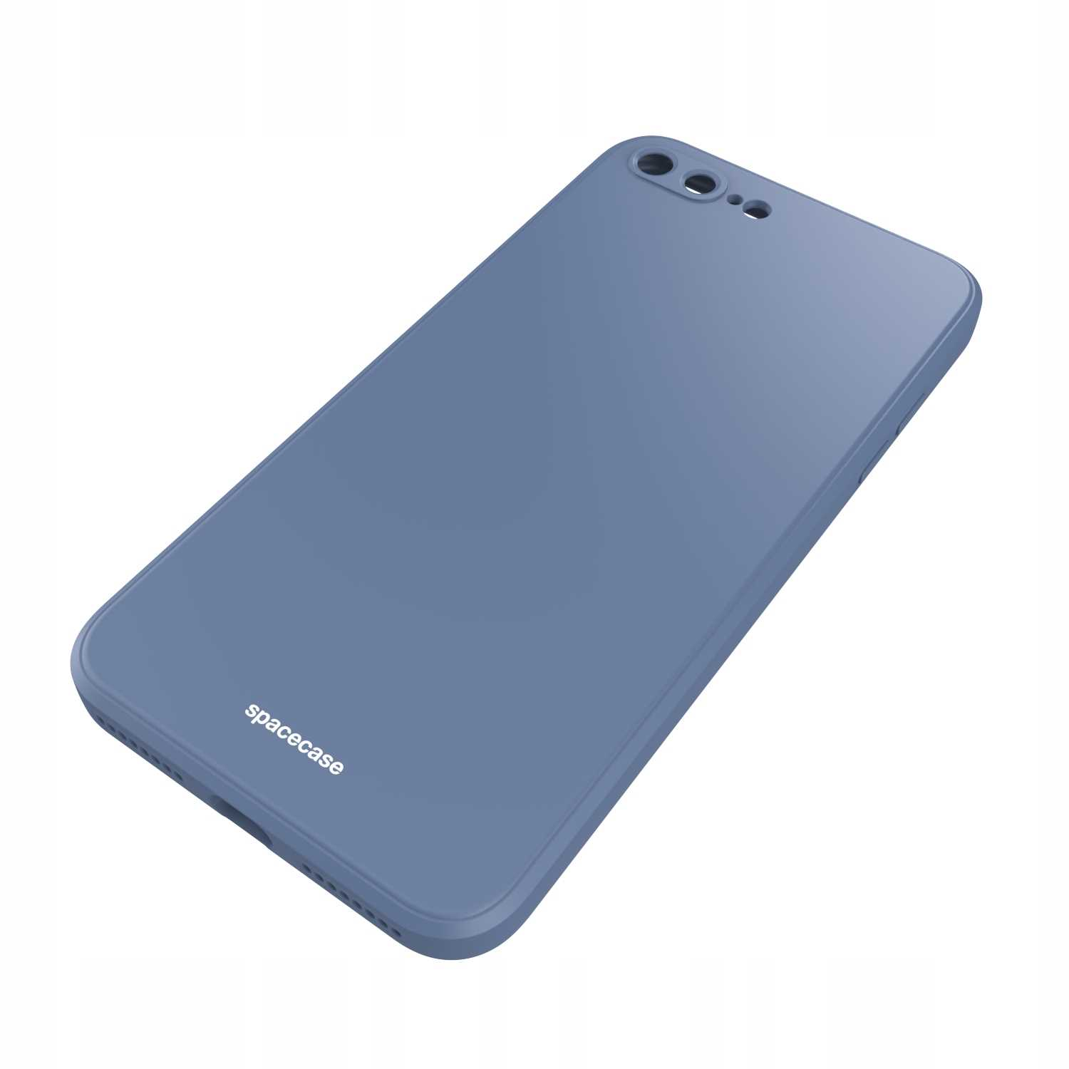 Niebiesko-szare etui na telefon z wycięciami na aparat i napisem spacecase z boku.