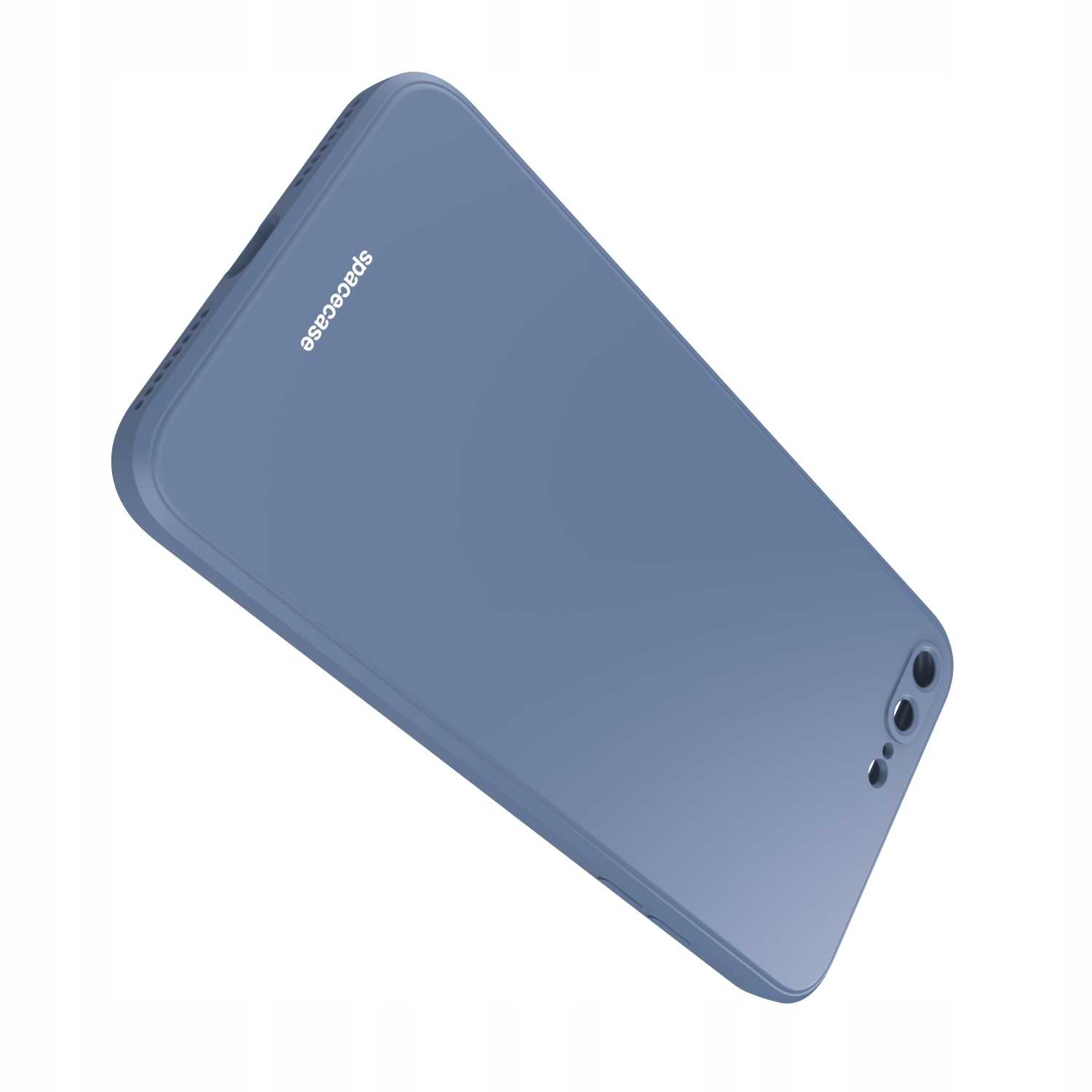 Niebiesko-szare etui na telefon z wycięciami na aparat i napisem spacecase z boku.
