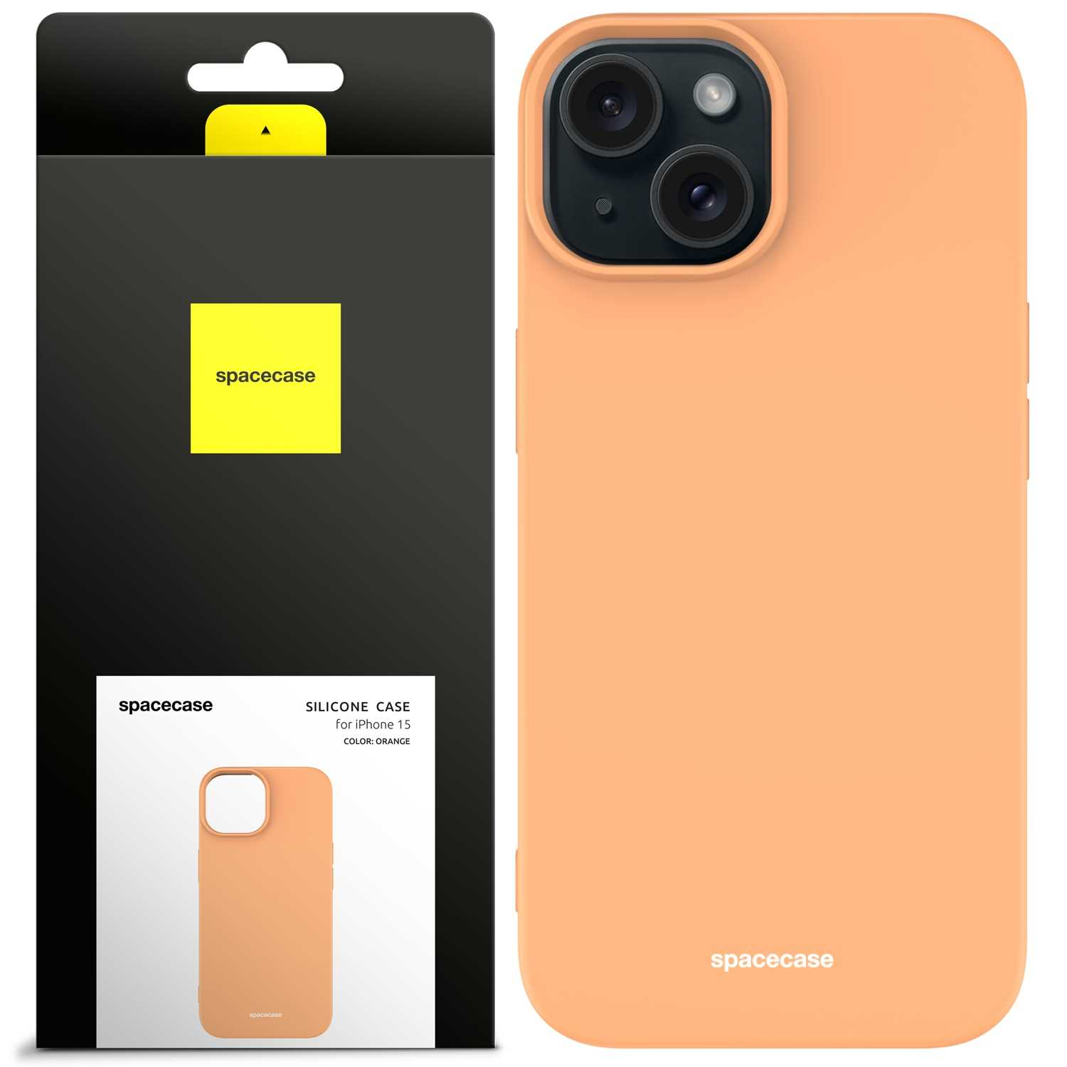 Brzoskwiniowe etui i opakowanie z marką 'spacecase'.