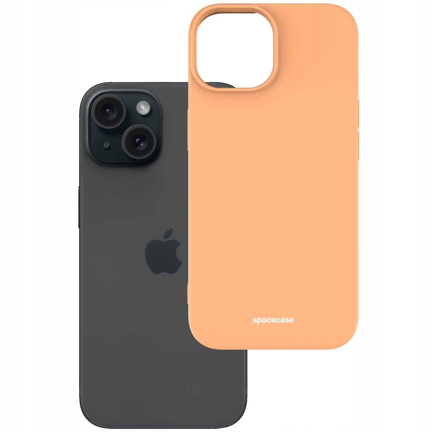 Brzoskwiniowe etui obok czarnego telefonu, logo 'spacecase'.