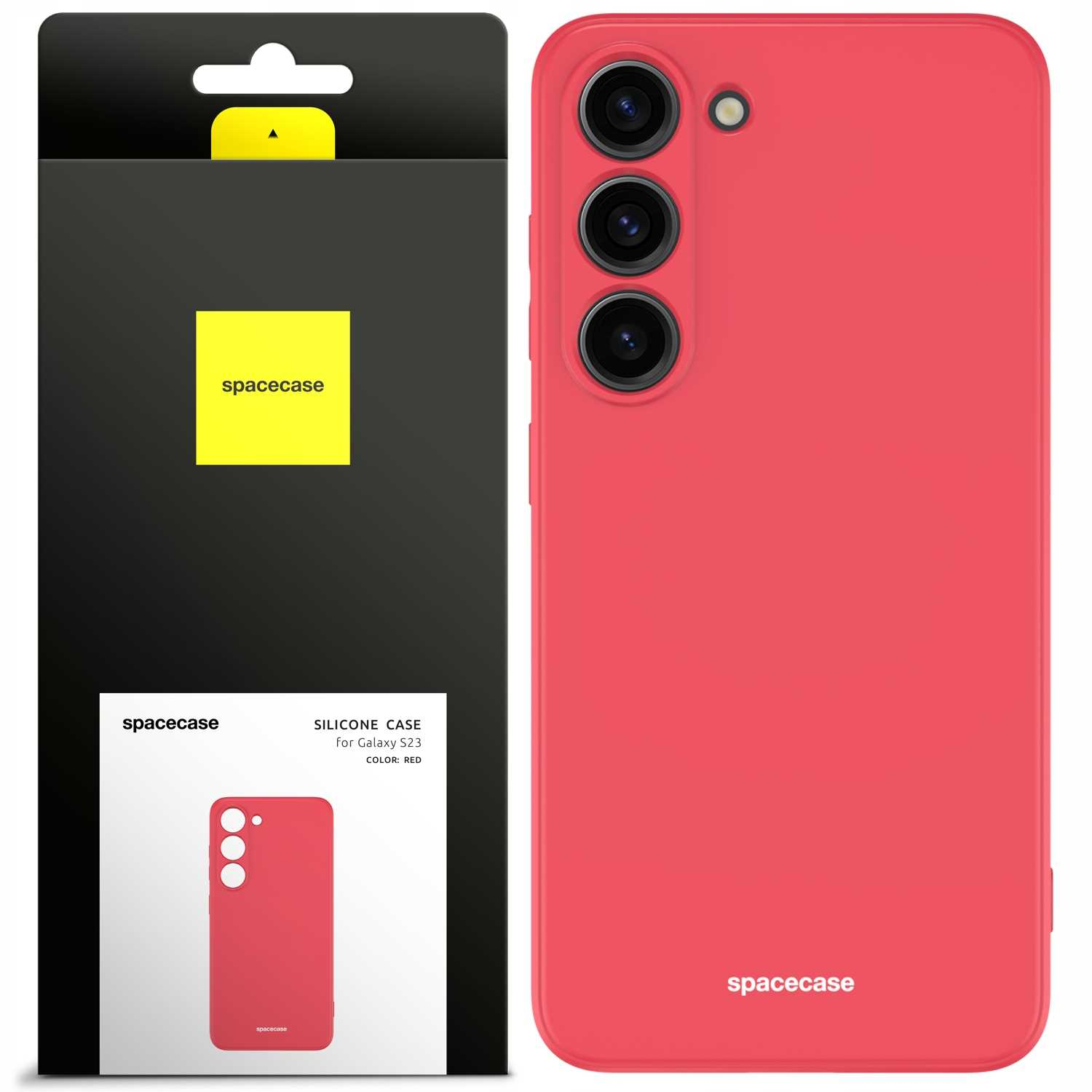 Czerwone etui i opakowanie z 'spacecase' i obiektywami.