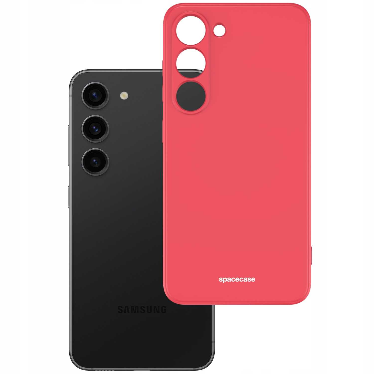 Czerwone etui obok czarnego telefonu, logo 'spacecase'.