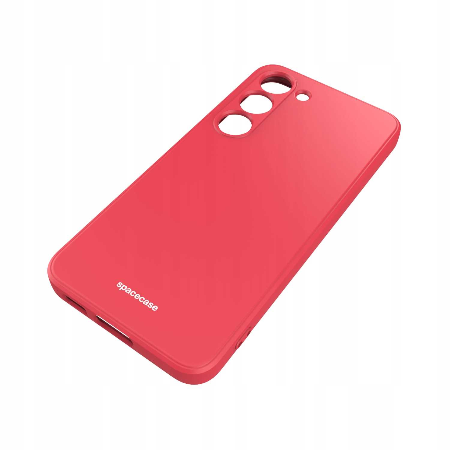 Czerwone etui na telefon z otworami na aparat jest wyświetlane po przekątnej na białej powierzchni.