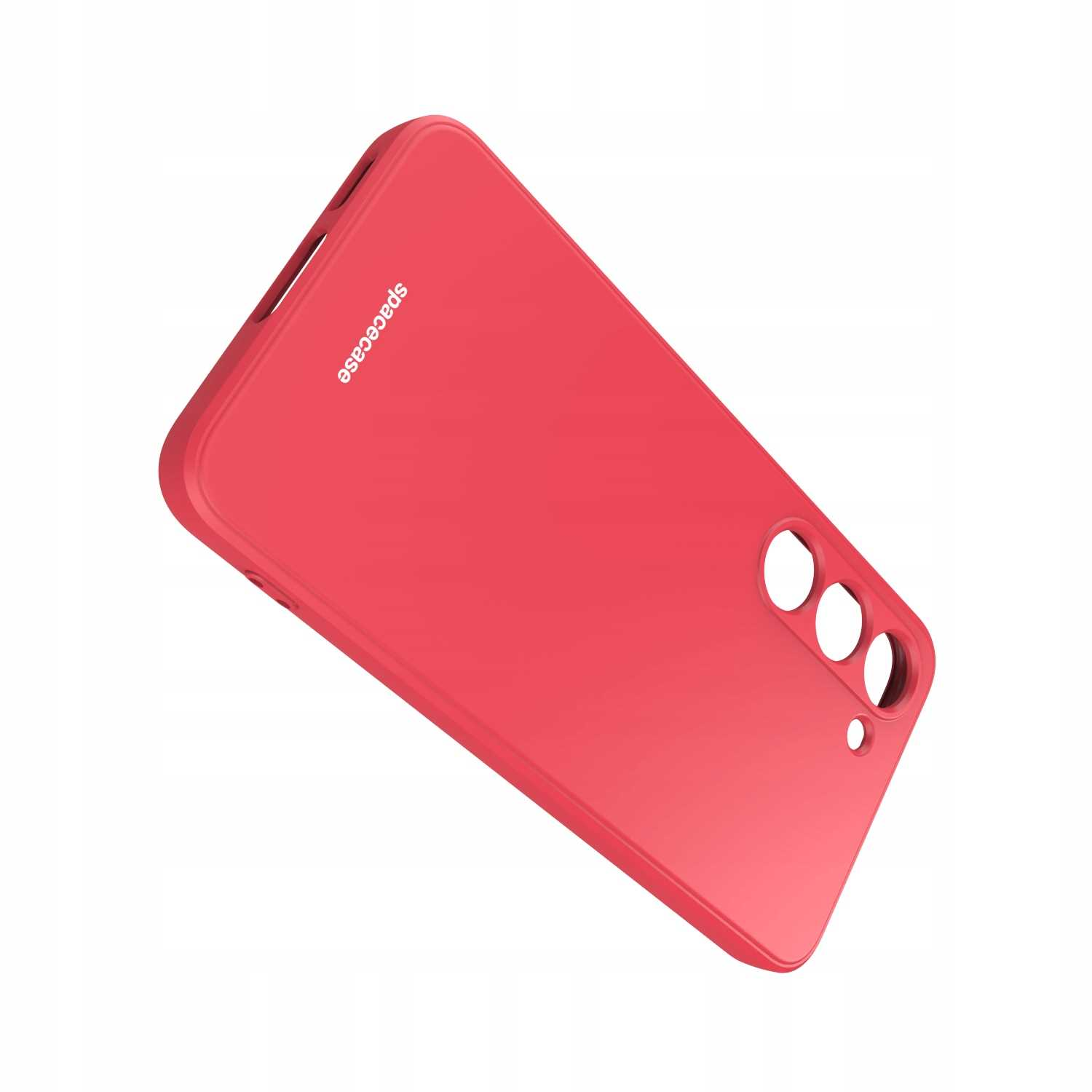 Czerwone etui na telefon z otworami na aparat jest wyświetlane po przekątnej na białym tle.