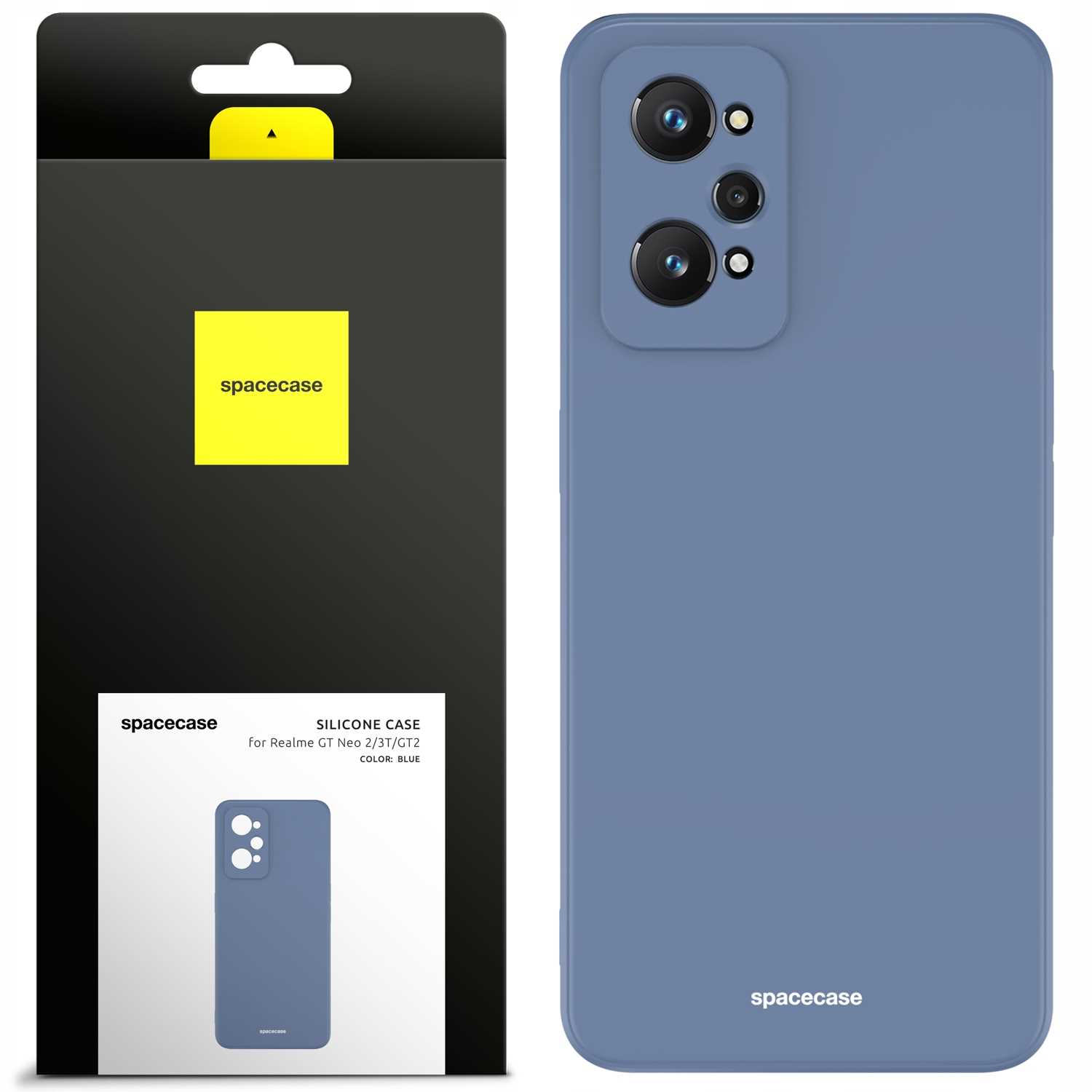 Opakowanie etui na telefon z niebieskim etui jest wyświetlane na białym tle.
