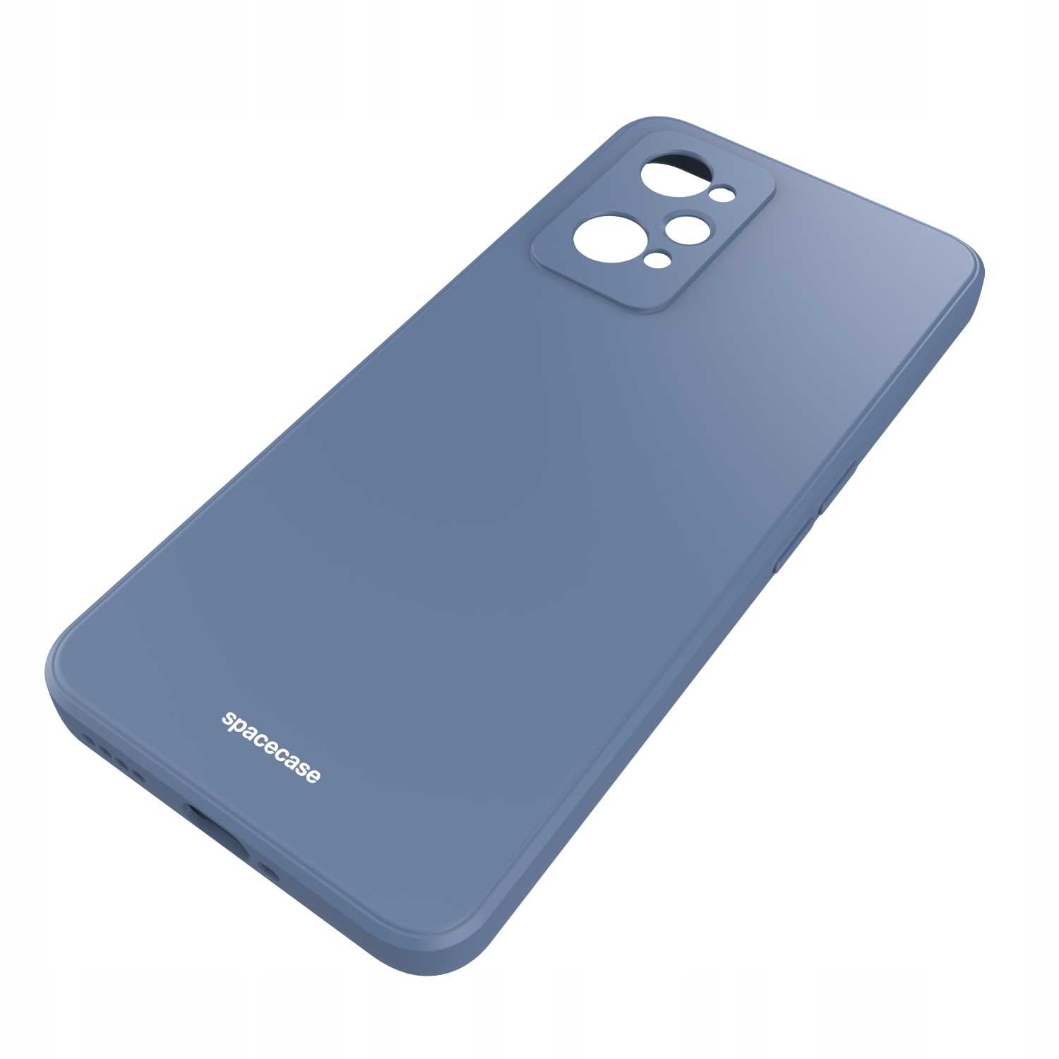 Niebieskie etui na telefon z wycięciami na aparat ustawione pod kątem na białej powierzchni, prezentujące logo 'spacecase'.