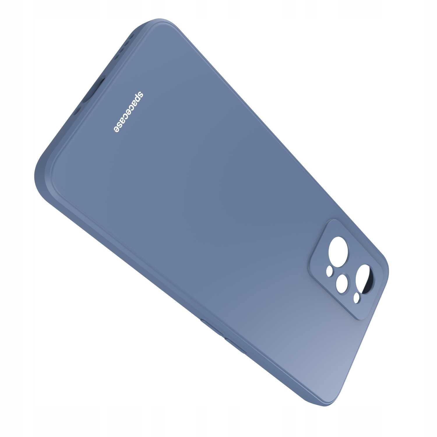 Niebieskie etui na telefon z wycięciami na aparat ustawione pod kątem na białej powierzchni, prezentujące logo 'spacecase'.