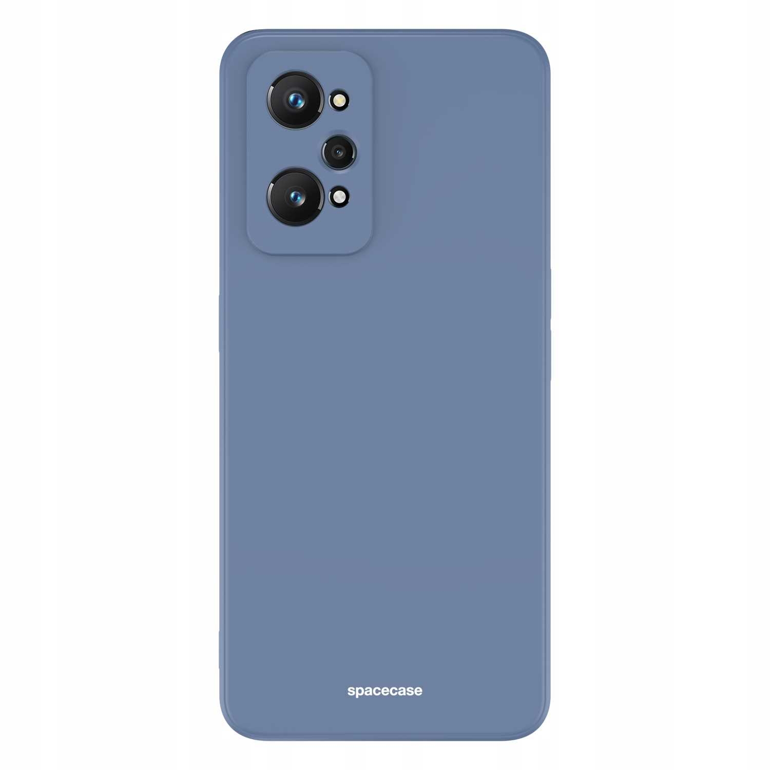 Niebieskie etui na telefon z obiektywami aparatu ustawione pionowo na białym tle, podkreślające logo 'spacecase'.