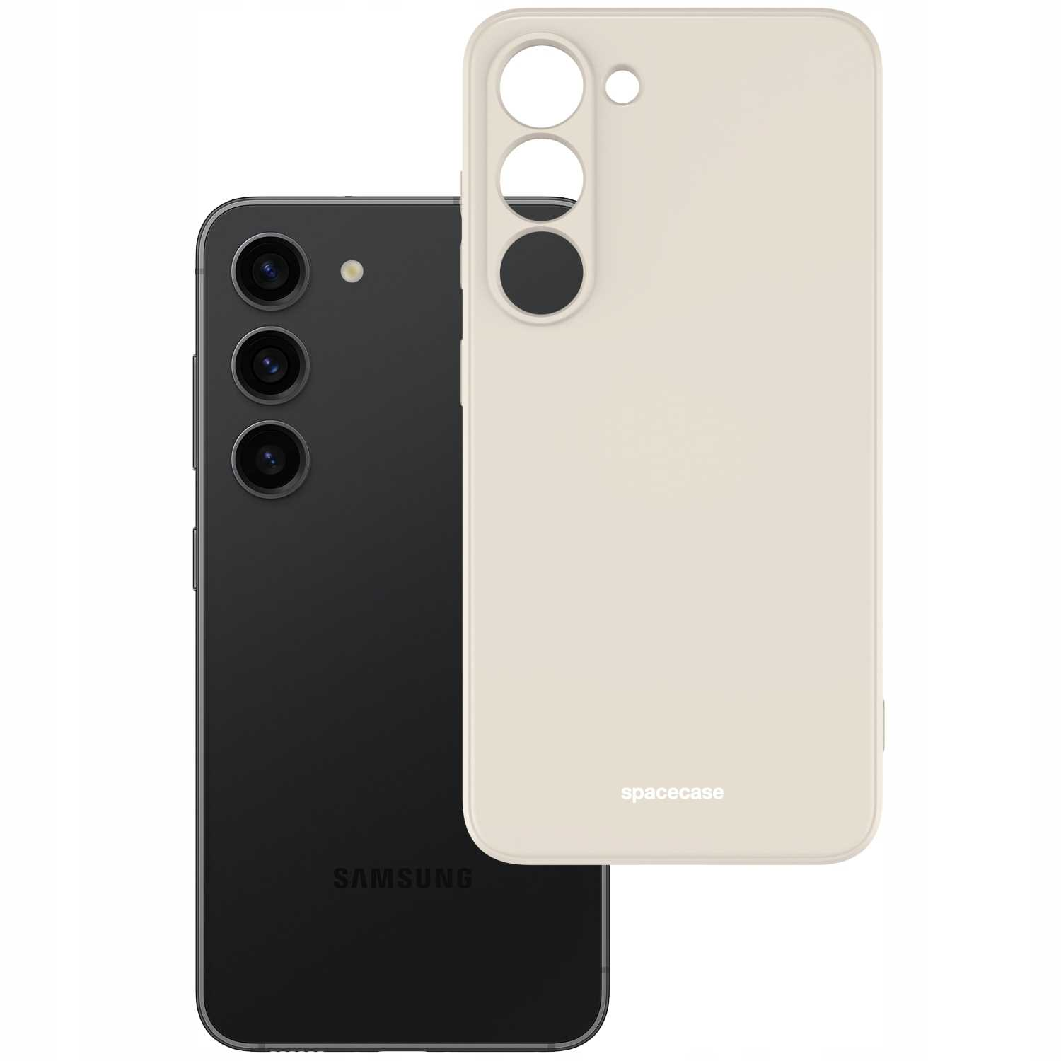 Czarny smartfon i beżowe etui na telefon są wyświetlane na białym tle.