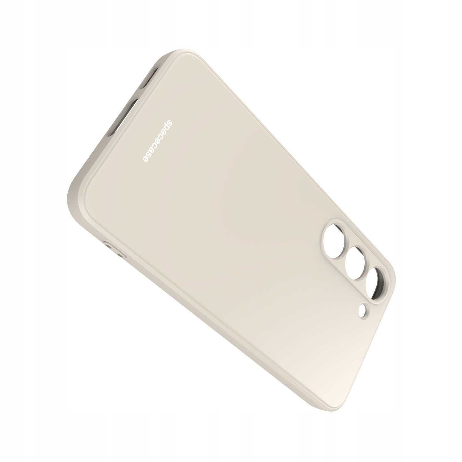 Beżowe etui na telefon jest ustawione pod kątem na białym tle, widoczne logo 'Spacecase'.