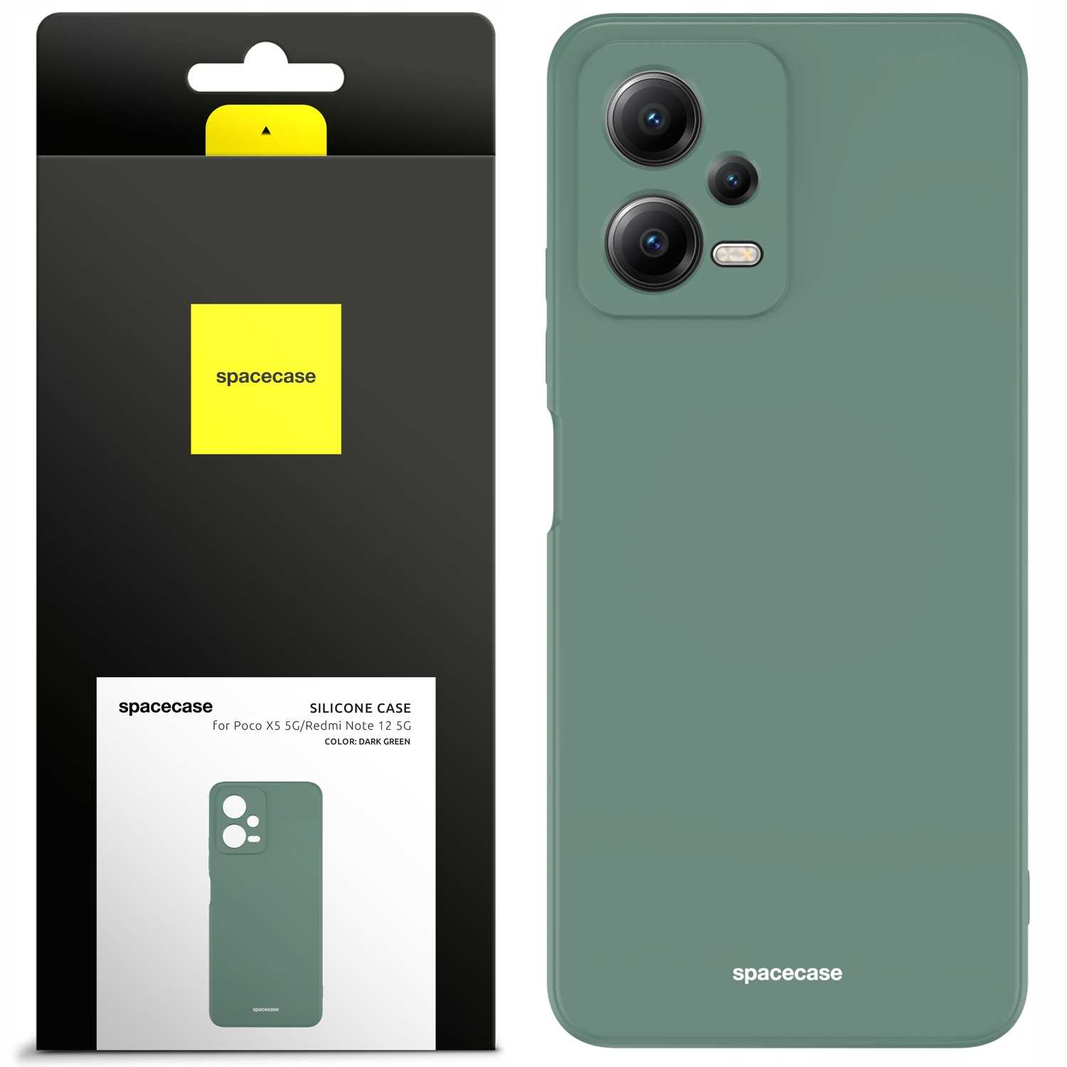 Ciemnozielone etui na telefon jest wyświetlane obok opakowania, oba z wycięciami na obiektywy aparatu i logo 'spacecase'.