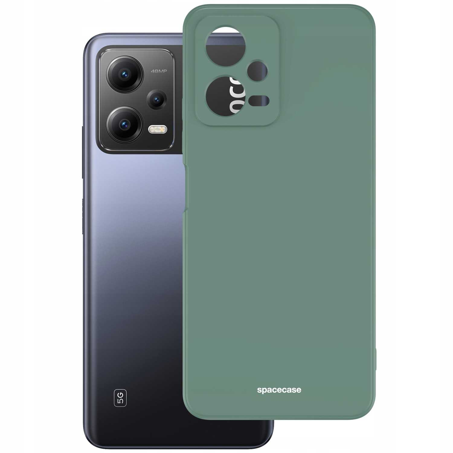 Zielone etui na telefon obok czarnego telefonu, oba z obiektywami aparatu i logo 'spacecase'.