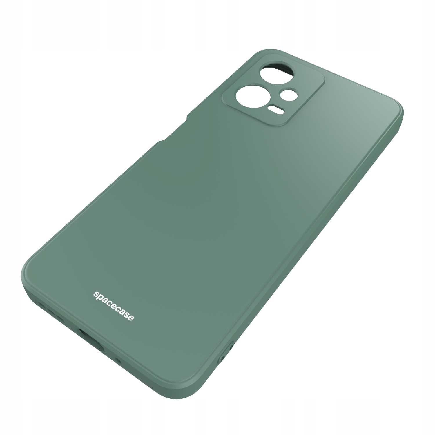 Zielone etui na telefon z wycięciami na aparat ustawione pod kątem na białej powierzchni, prezentujące logo 'spacecase'.