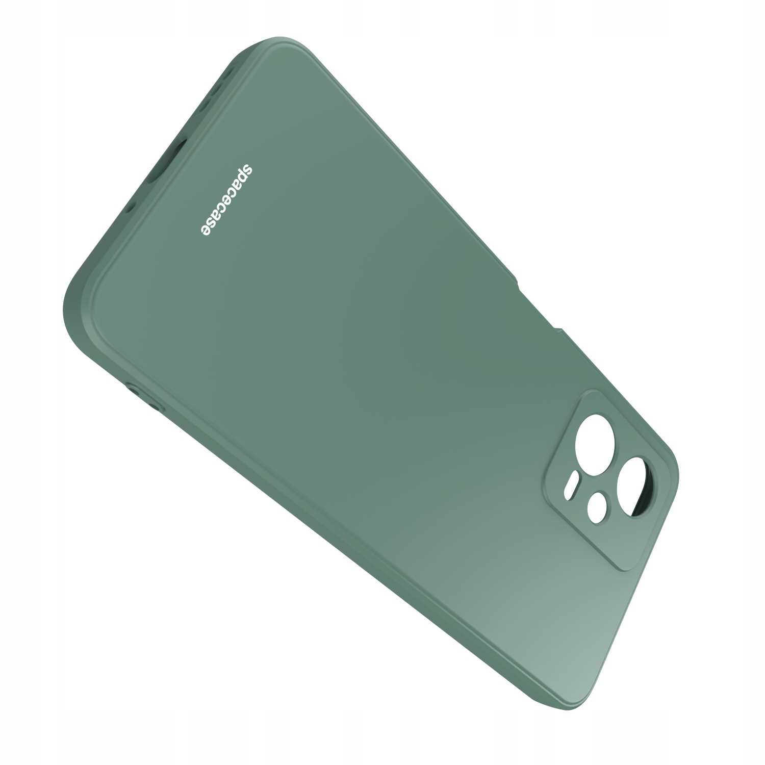 Zielone etui na telefon z wycięciami na obiektywy aparatu ustawione pod kątem na białej powierzchni, prezentujące logo 'spacecase'.