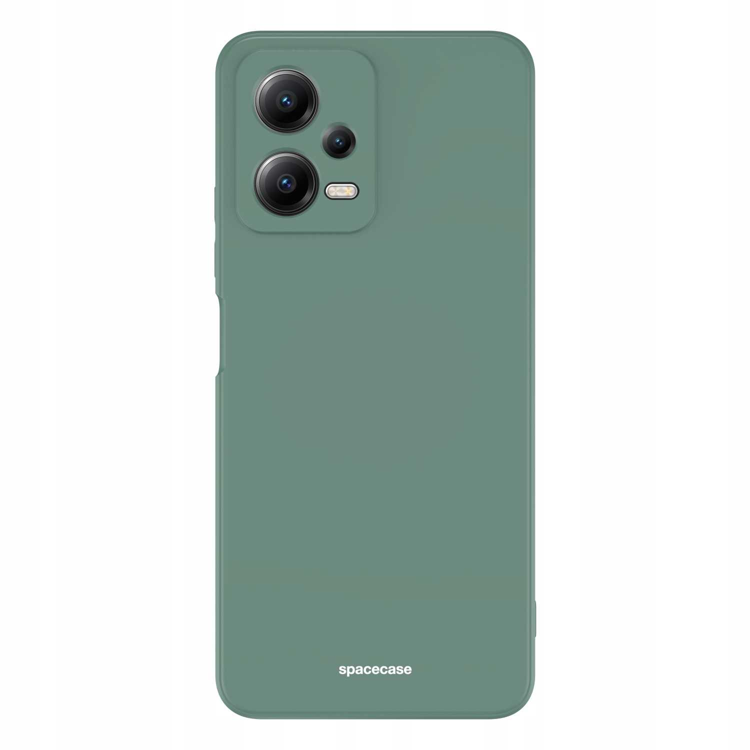 Zielone etui na telefon z obiektywami aparatu ustawione pionowo na białym tle, prezentujące logo 'spacecase'.