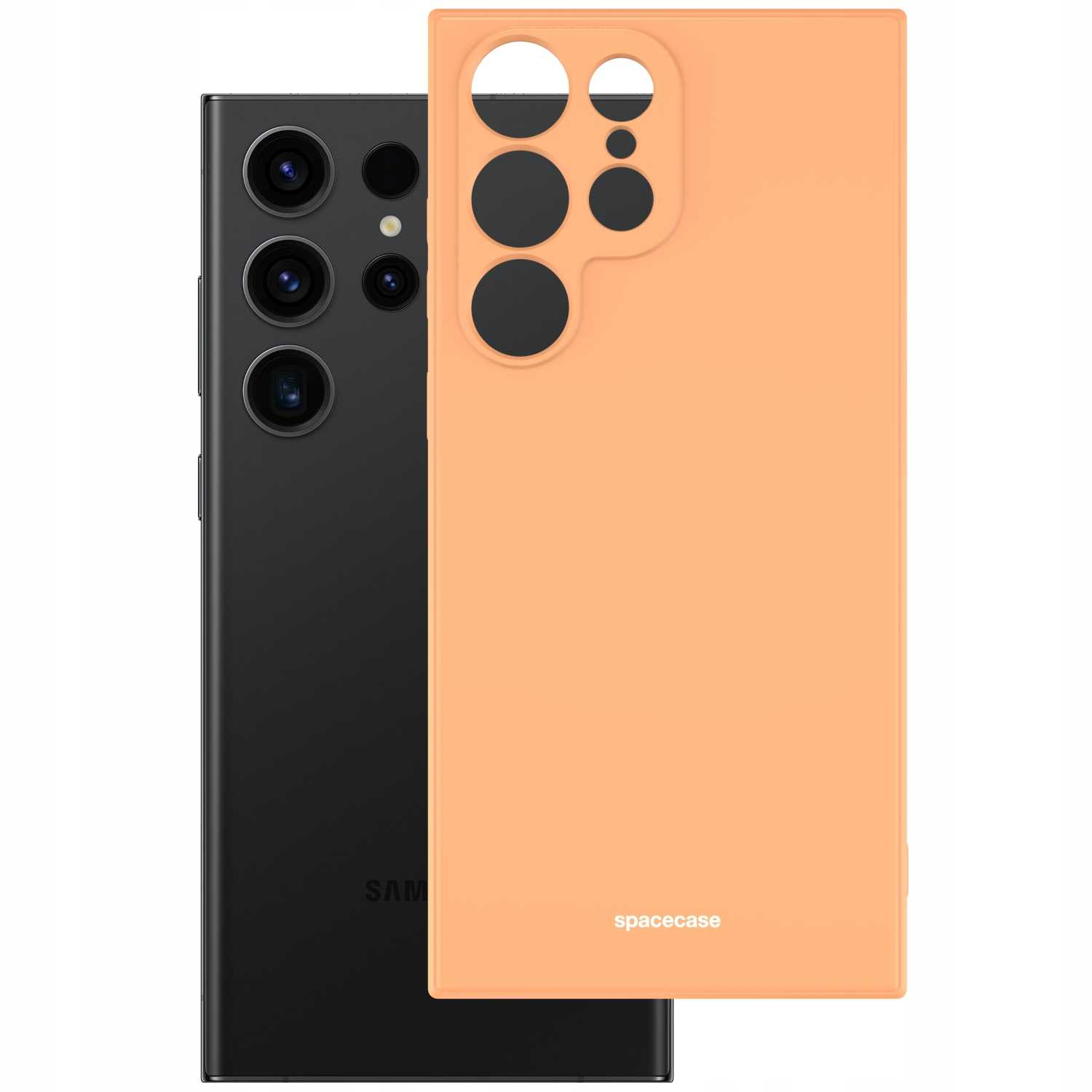 Czarny smartfon stoi obok pomarańczowego etui na telefon. Obudowa ma wycięcia na aparat.