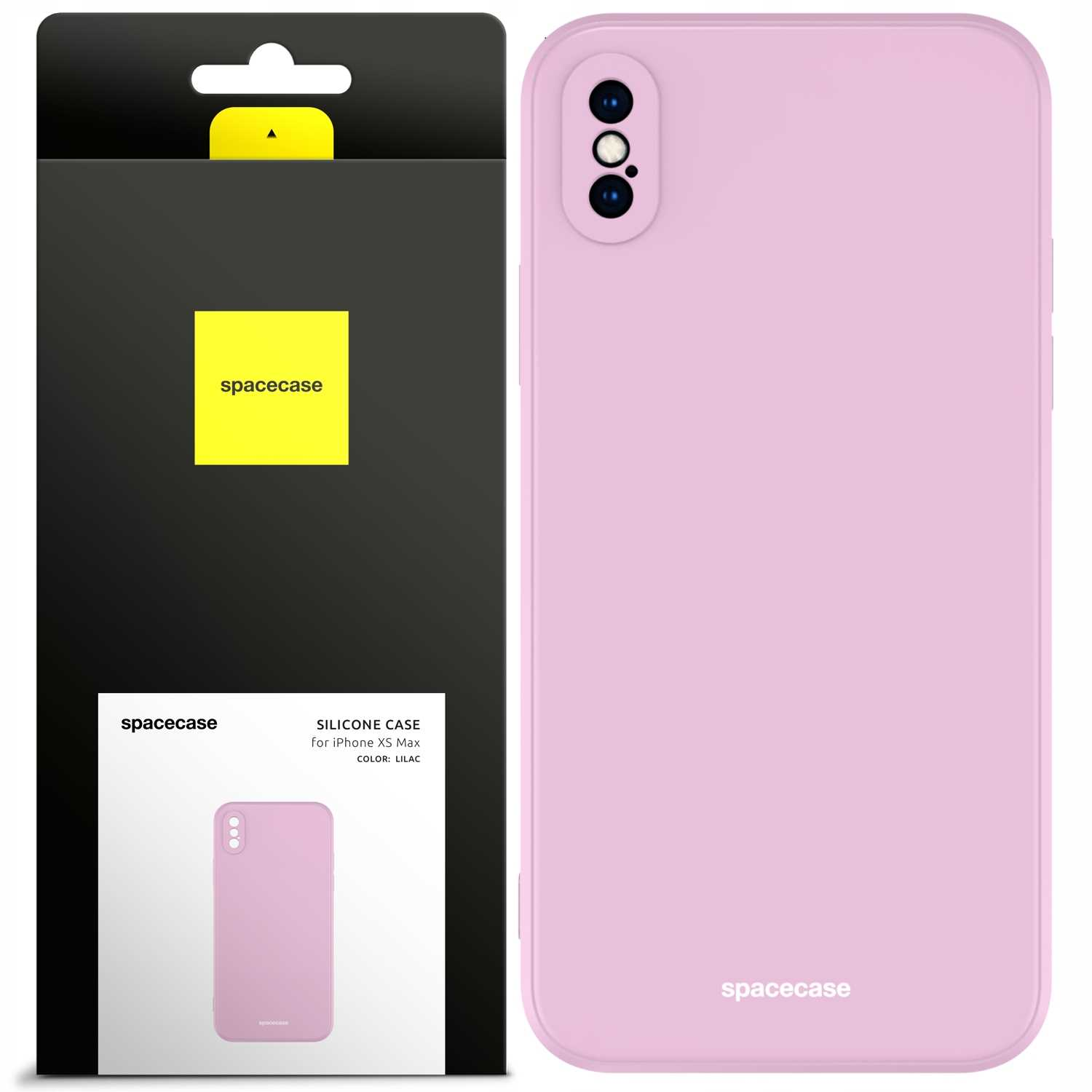 Liliowe etui na telefon 'spacecase' obok opakowania. Oba przedmioty znajdują się na białym tle.