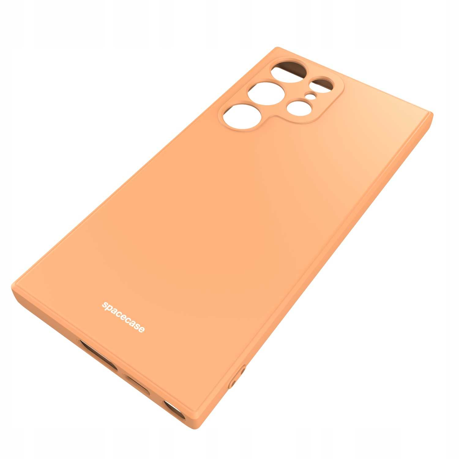 Pomarańczowe etui na telefon z wycięciami na aparat i napisem „spacecase” w lewym dolnym rogu.