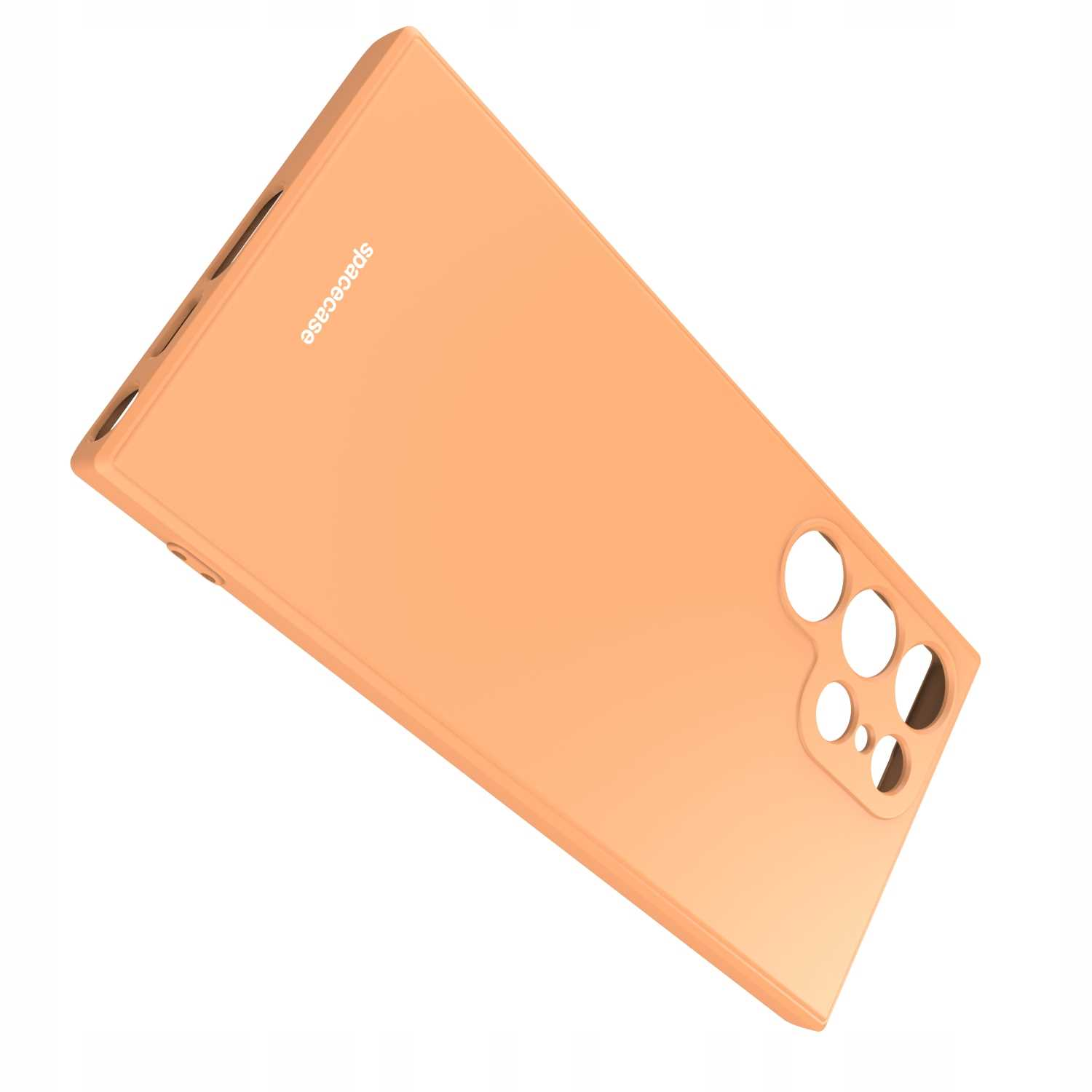 Pomarańczowe etui na telefon z wycięciami na aparat i napisem „spacecase” z boku.