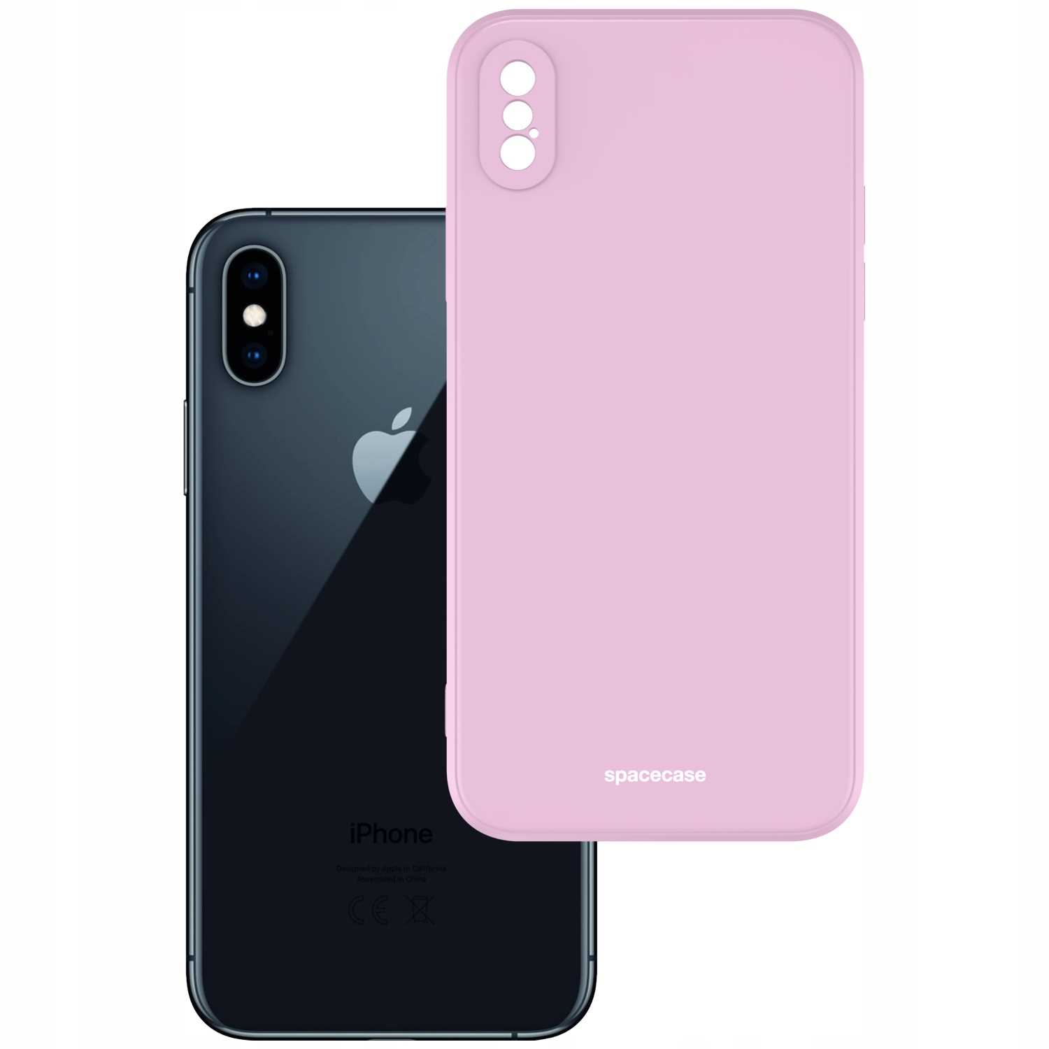 Liliowe etui na telefon 'spacecase' obok iPhone'a. Oba przedmioty znajdują się na białym tle.