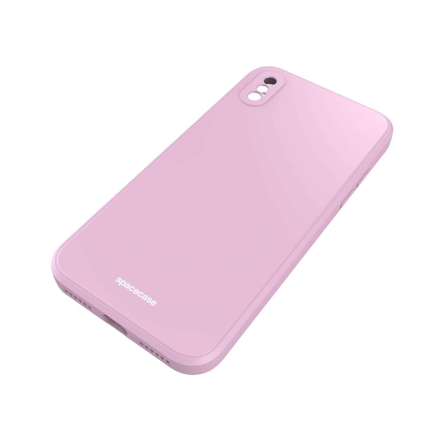 Liliowe etui na telefon 'spacecase', ustawione pod kątem, na białym tle. Widoczny obszar obiektywu aparatu.