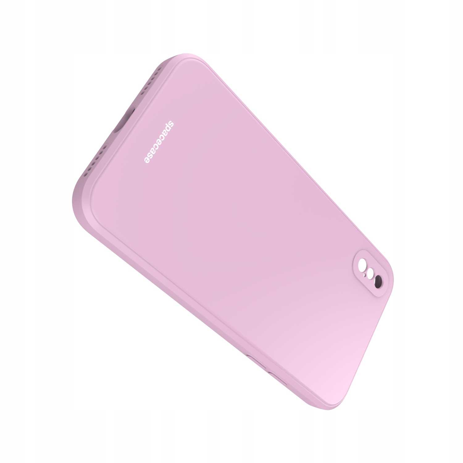 Liliowe etui na telefon 'spacecase', ustawione pod kątem, na białym tle. Pokazano obszar obiektywu aparatu.