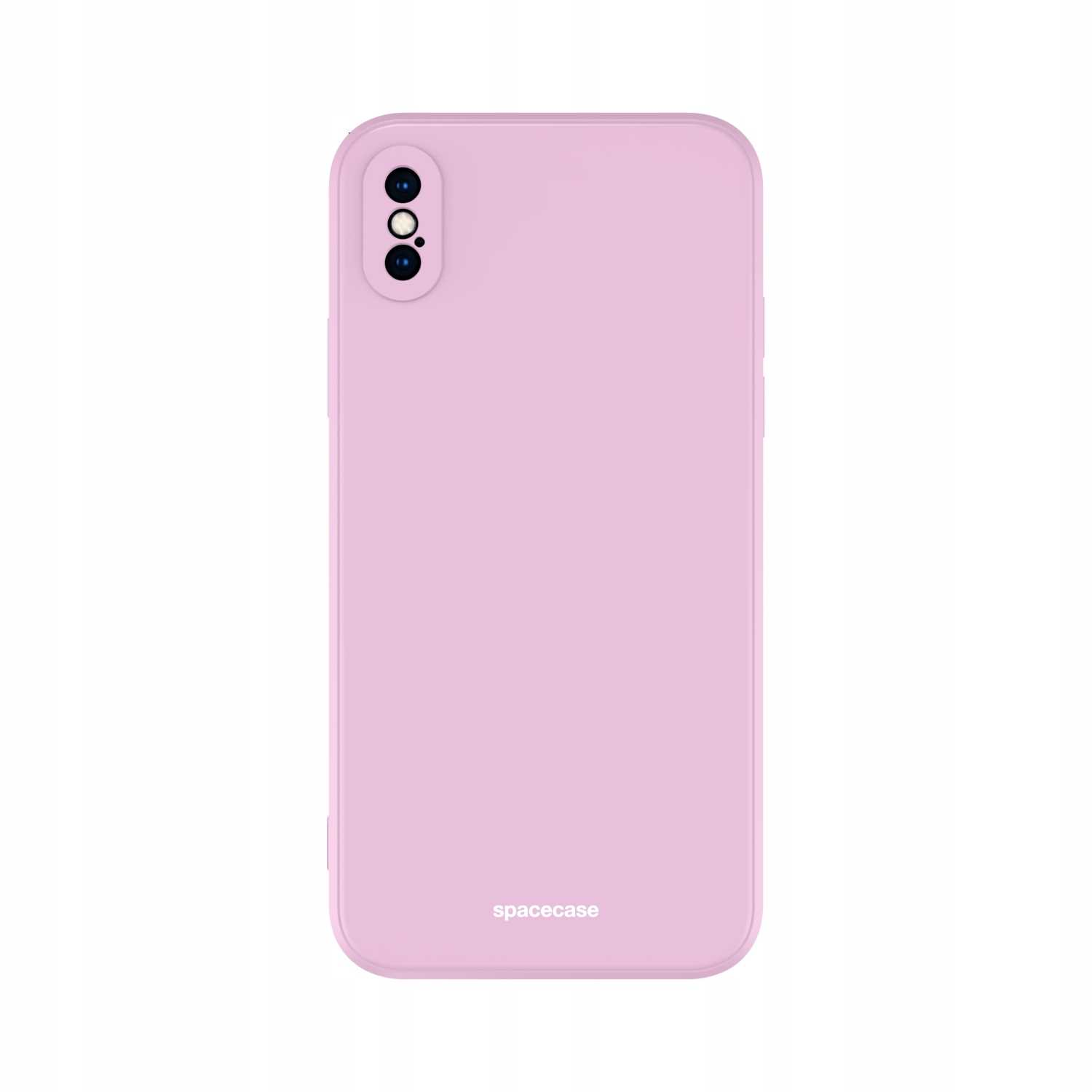 Liliowe etui na telefon 'spacecase' na białym tle. Widoczne są otwory na obiektywy aparatu.
