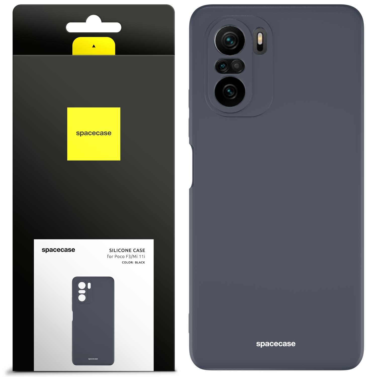 Ciemnoszare etui na telefon i opakowanie z brandingiem 'spacecase', prezentujące elegancki wygląd.