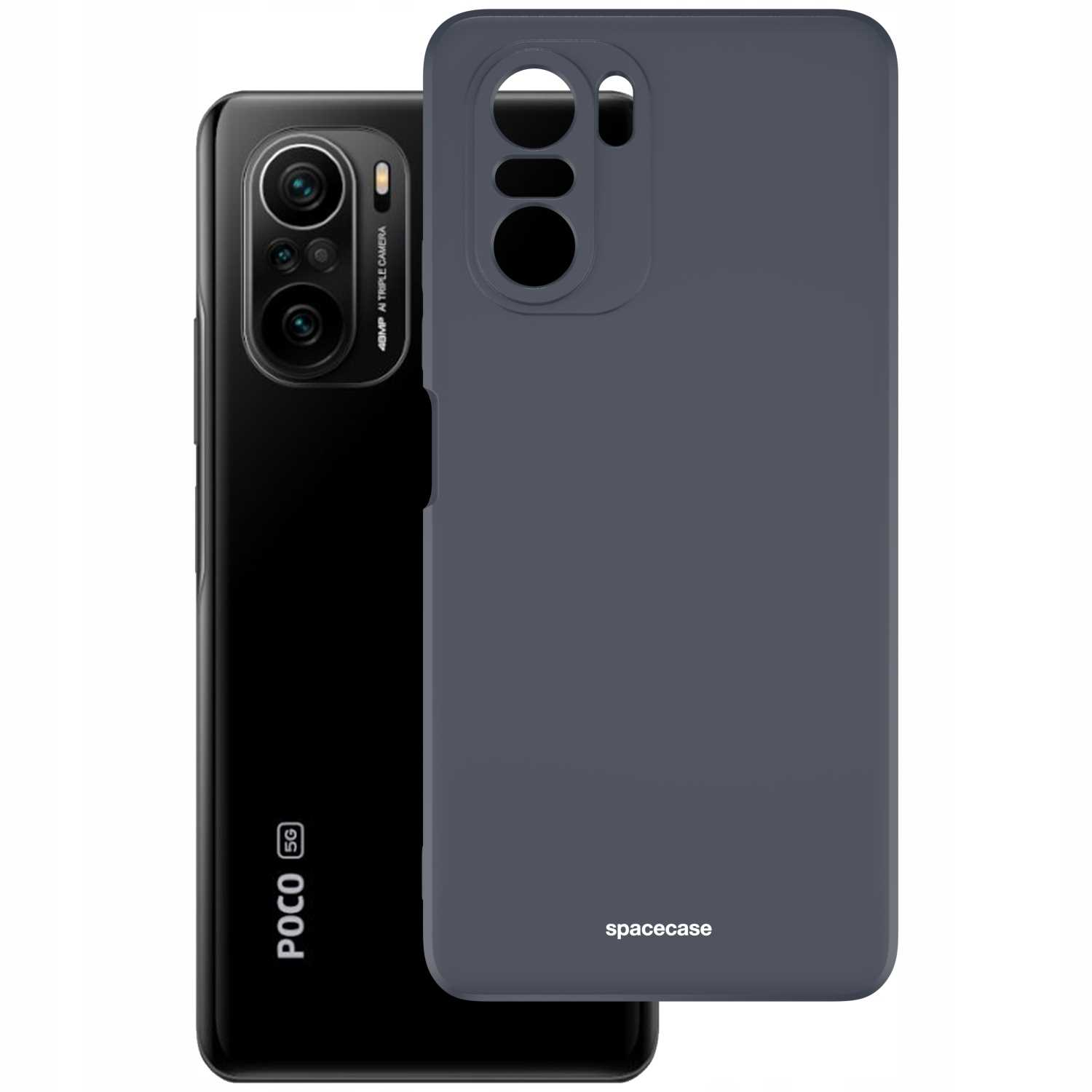Ciemnoszare etui na telefon obok czarnego telefonu, oba z logo 'spacecase'.