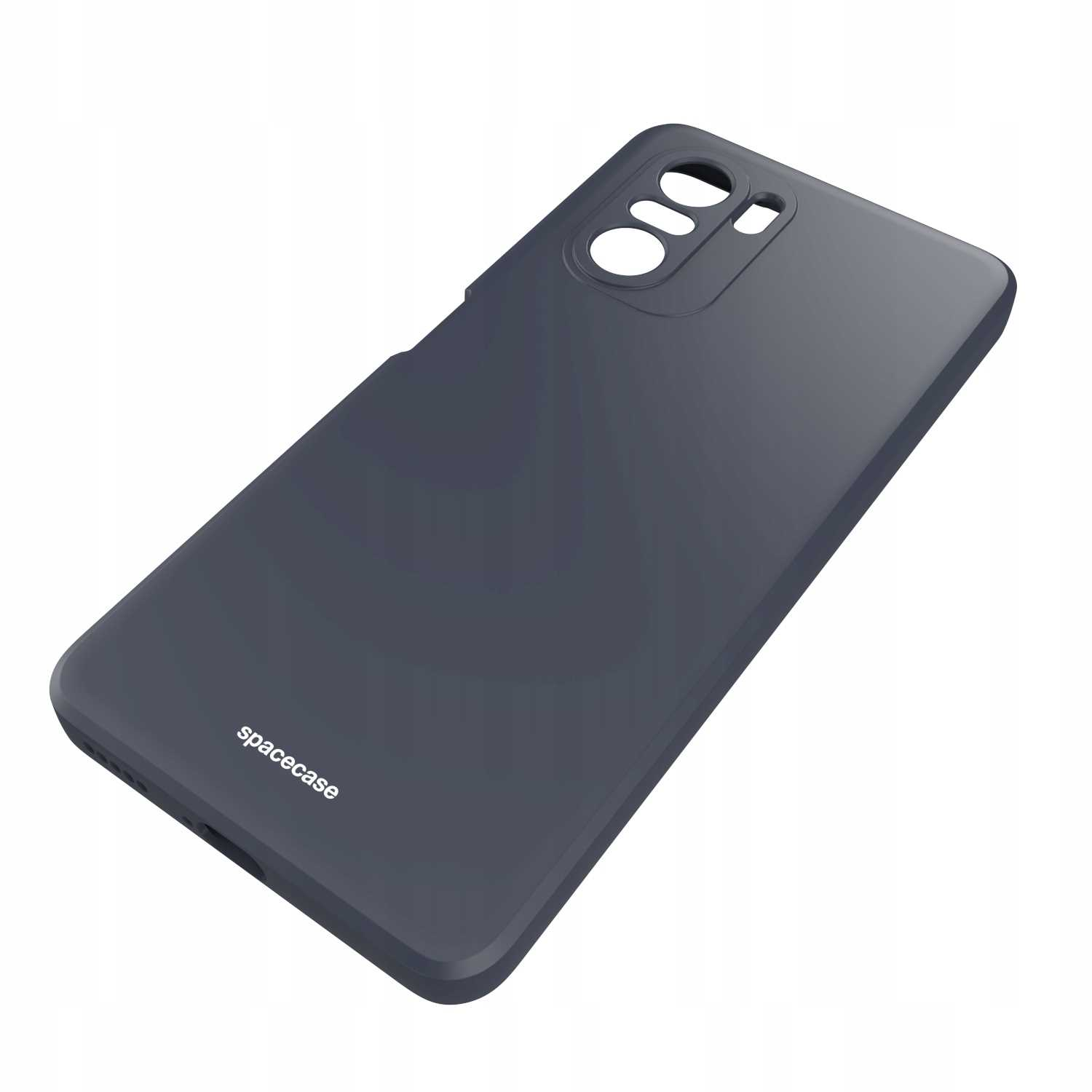 Ciemnoszare etui na telefon ustawione pod kątem, aby pokazać wycięcie na aparat, z logo 'spacecase' na dole.