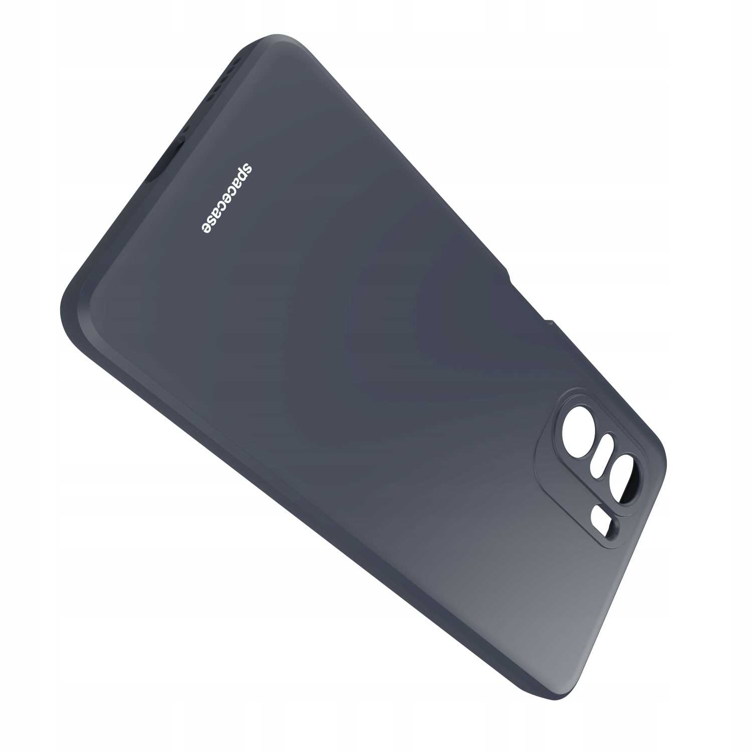 Ciemnoszare etui na telefon 'spacecase' ustawione pod kątem, aby pokazać wycięcie na aparat i logo.